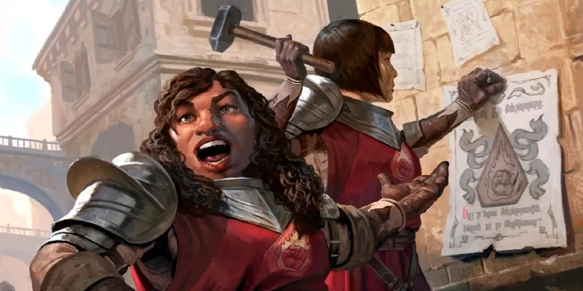 Hai thành viên Flaming Fist đang dán poster tuyển quân, biểu trưng cho lực lượng lính gác trong D&amp;D.