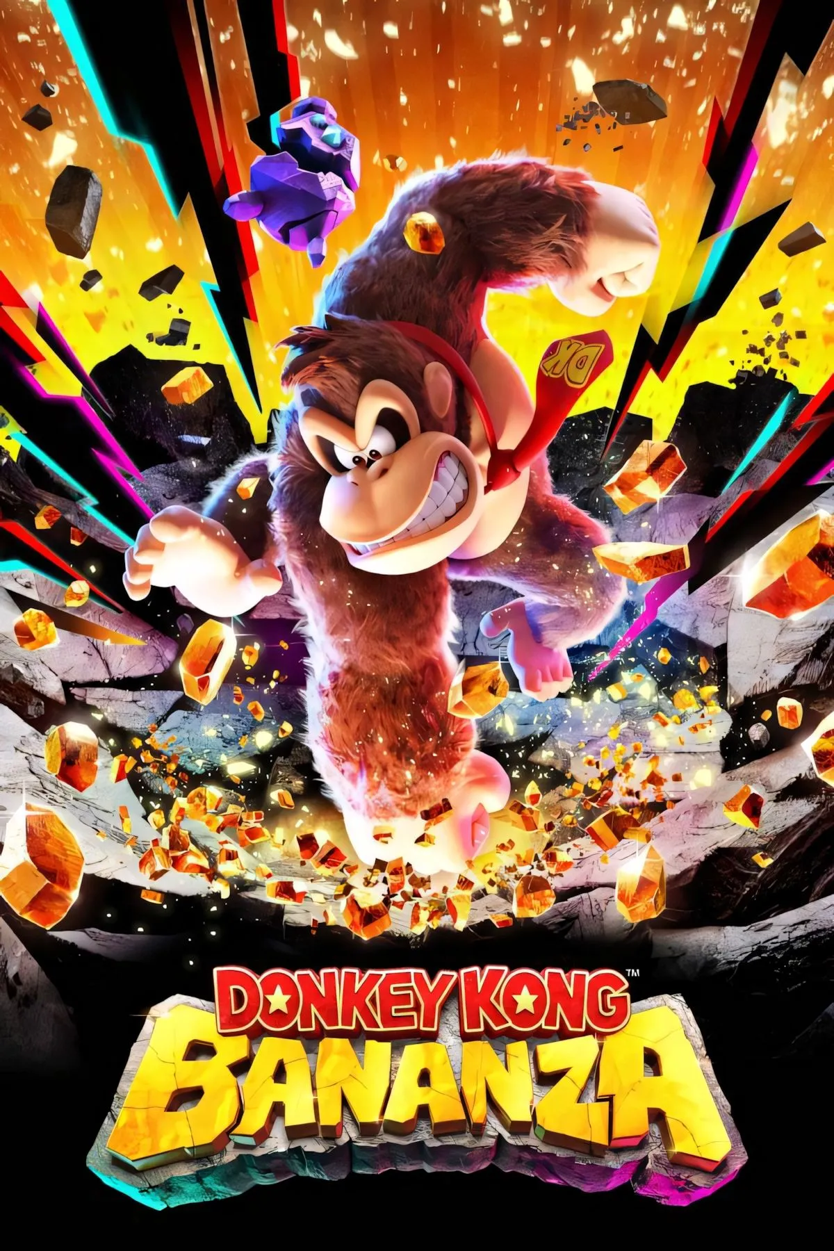 Hình ảnh bìa game Donkey Kong Bananza với Donkey Kong mạnh mẽ trên phông nền địa hình đa dạng