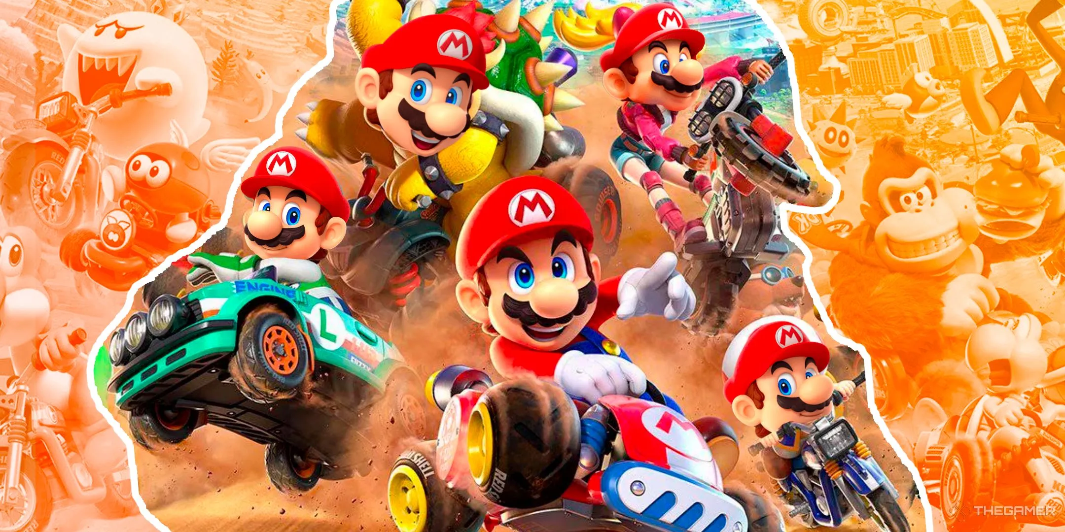Hình ảnh chính của Mario Kart World với các nhân vật khác nhau, tượng trưng cho sự đa dạng trong vũ trụ Mario.
