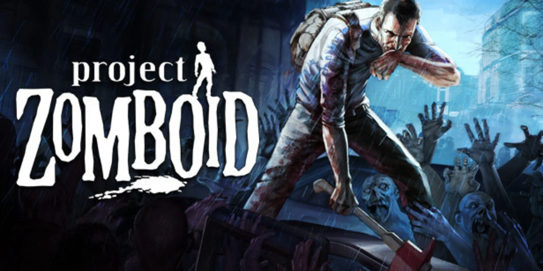 Hình ảnh gameplay Project Zomboid, cho thấy môi trường đô thị hoang tàn và các zombie.