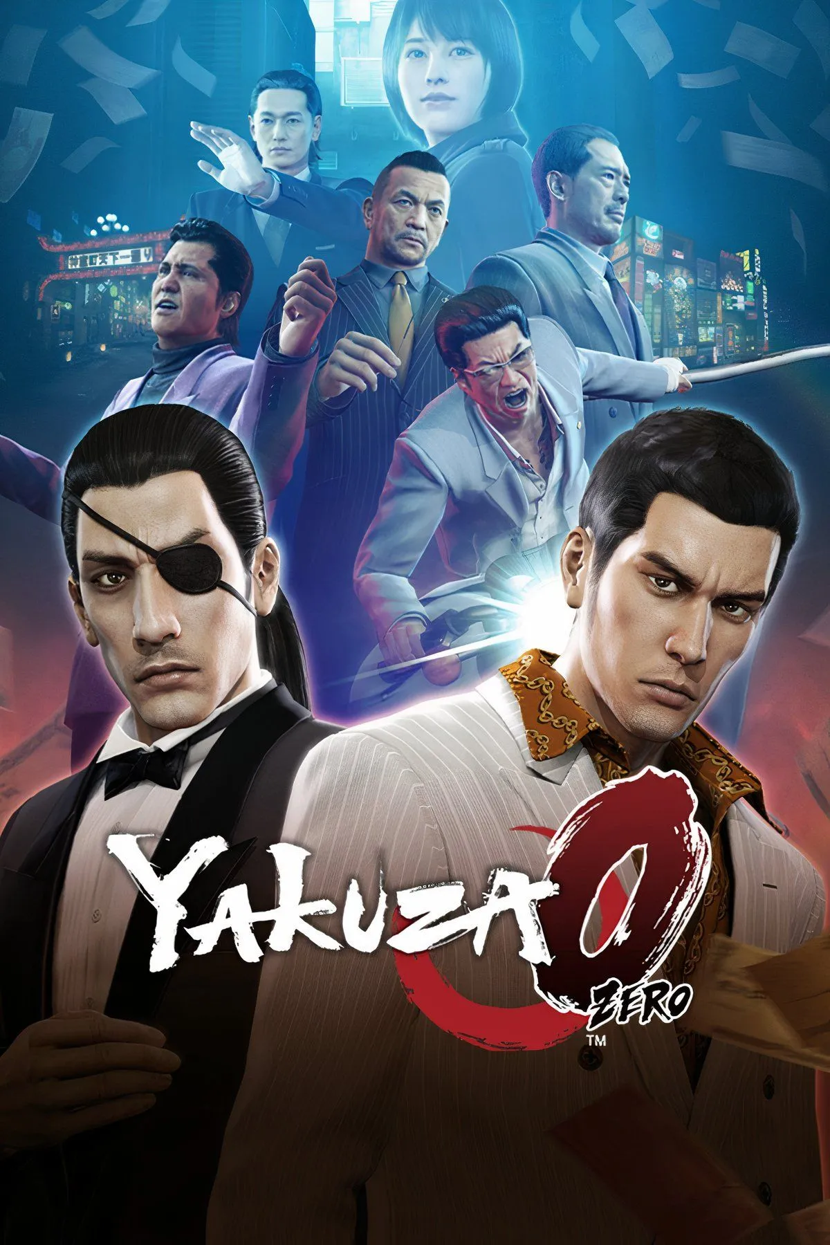 Hình ảnh Kiryu và Majima trên bìa game Yakuza 0, bối cảnh Nhật Bản thập niên 80