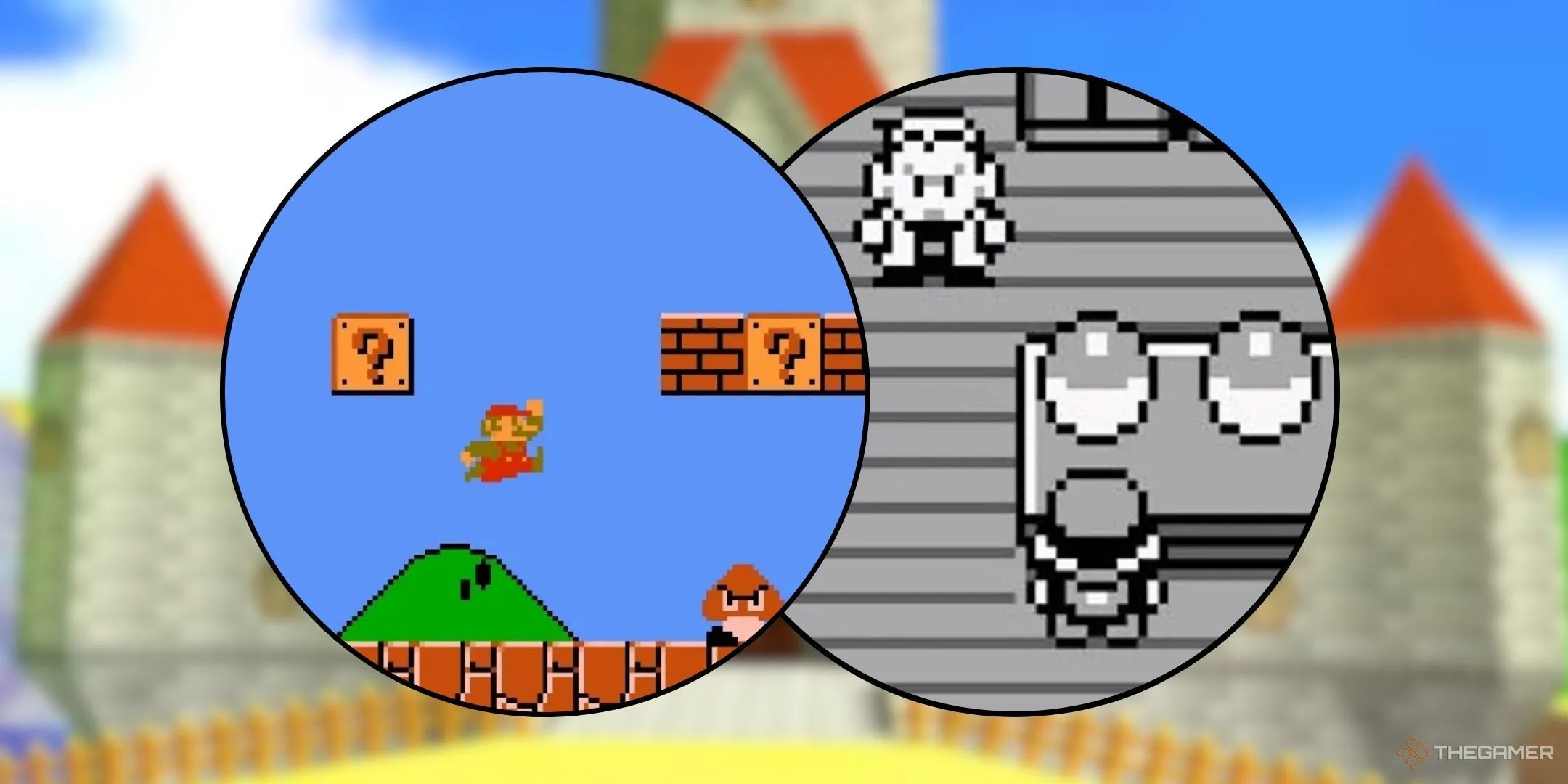 Hình ảnh nổi bật về các tựa game kinh điển Super Mario Bros và Pokemon Red & Blue trong vòng tròn, phông nền Vương quốc Nấm mờ ảo.