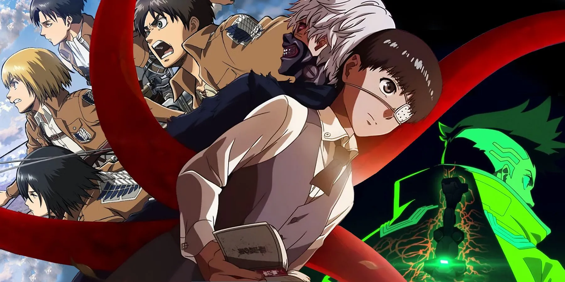 Hình ảnh tổng hợp các anime hành động đỉnh cao như Cyberpunk Edgerunners, Tokyo Ghoul và Attack on Titan.