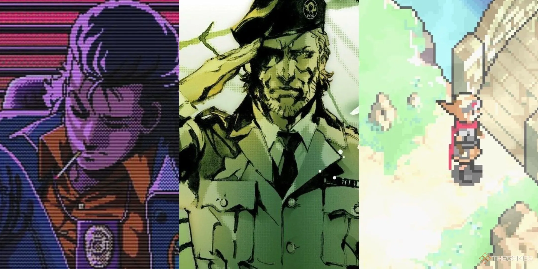 Hình ảnh tổng hợp các nhân vật tiêu biểu từ Policenauts, Metal Gear Solid 3 và Boktai, thể hiện phong cách đa dạng của game Hideo Kojima