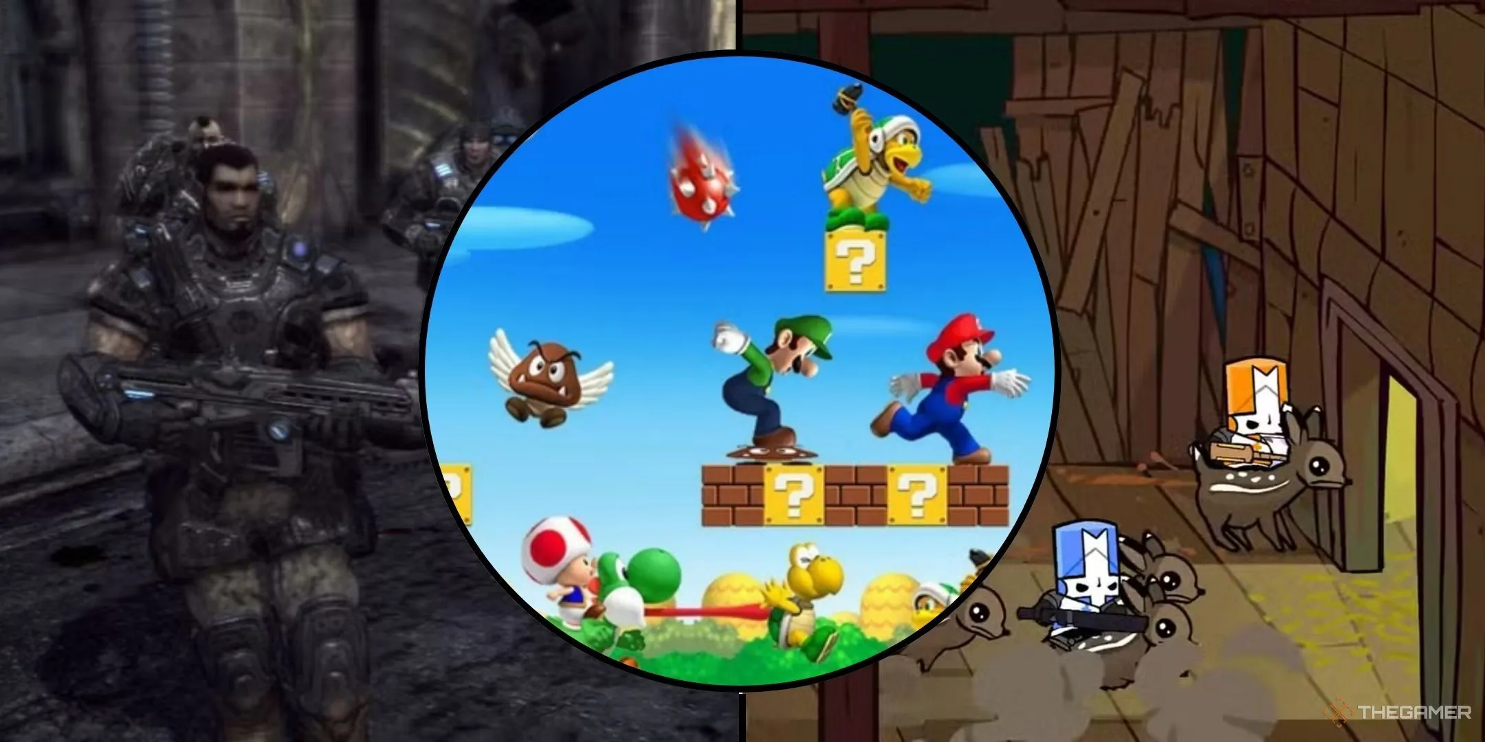 Hình ảnh tổng hợp các tựa game co-op nổi bật như New Super Mario Bros Wii, Gears of War 2 và Castle Crashers