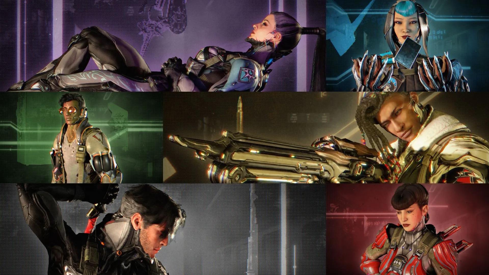 Hình ảnh tổng hợp sáu thành viên chủ chốt của Hex Team trong bản cập nhật Warframe 1999.