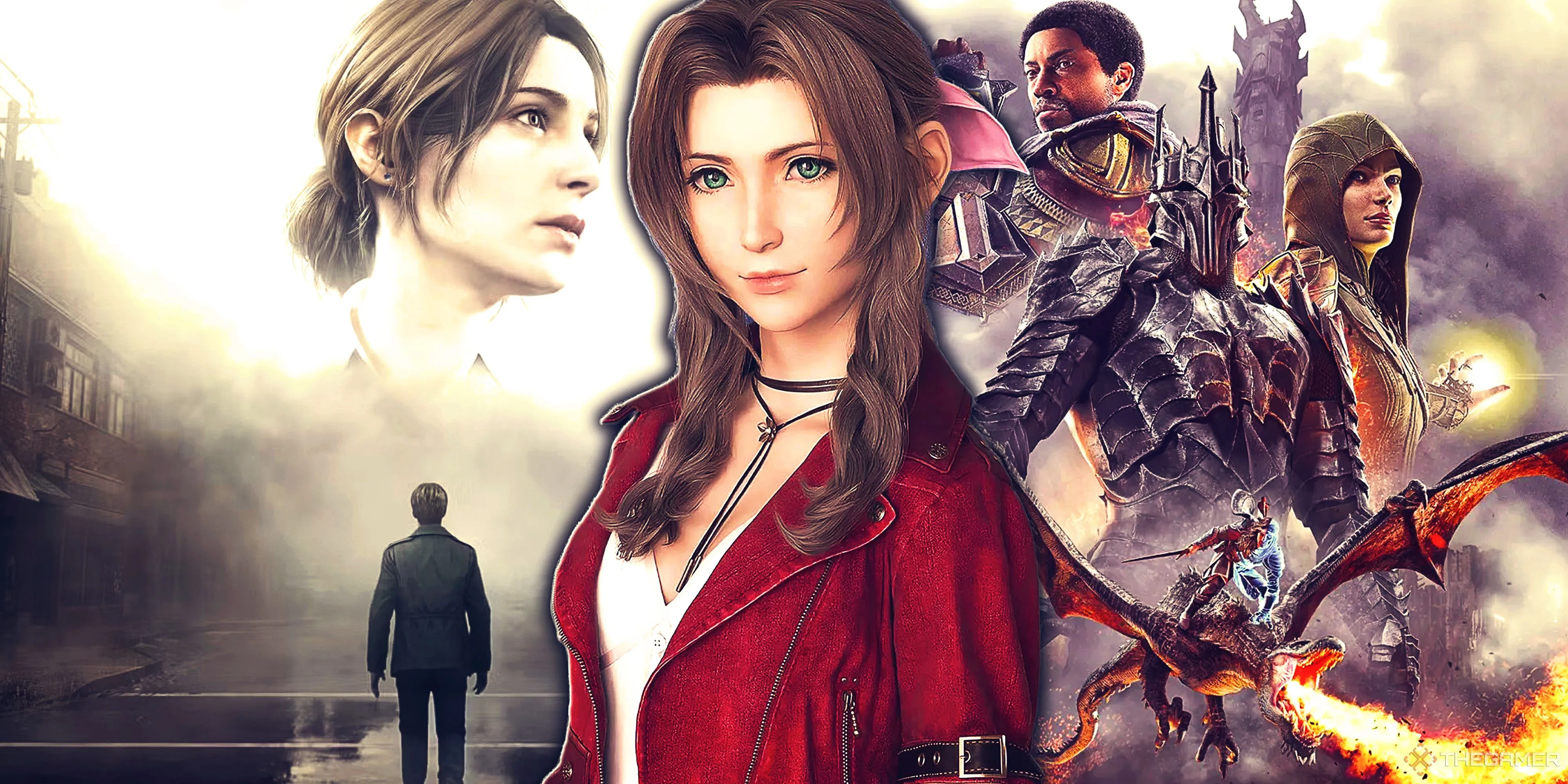 Hình ảnh tổng hợp Silent Hill 2 Remake, Aerith trong Final Fantasy 7 và Middle-earth Shadow of War, thể hiện sự đa dạng của game.