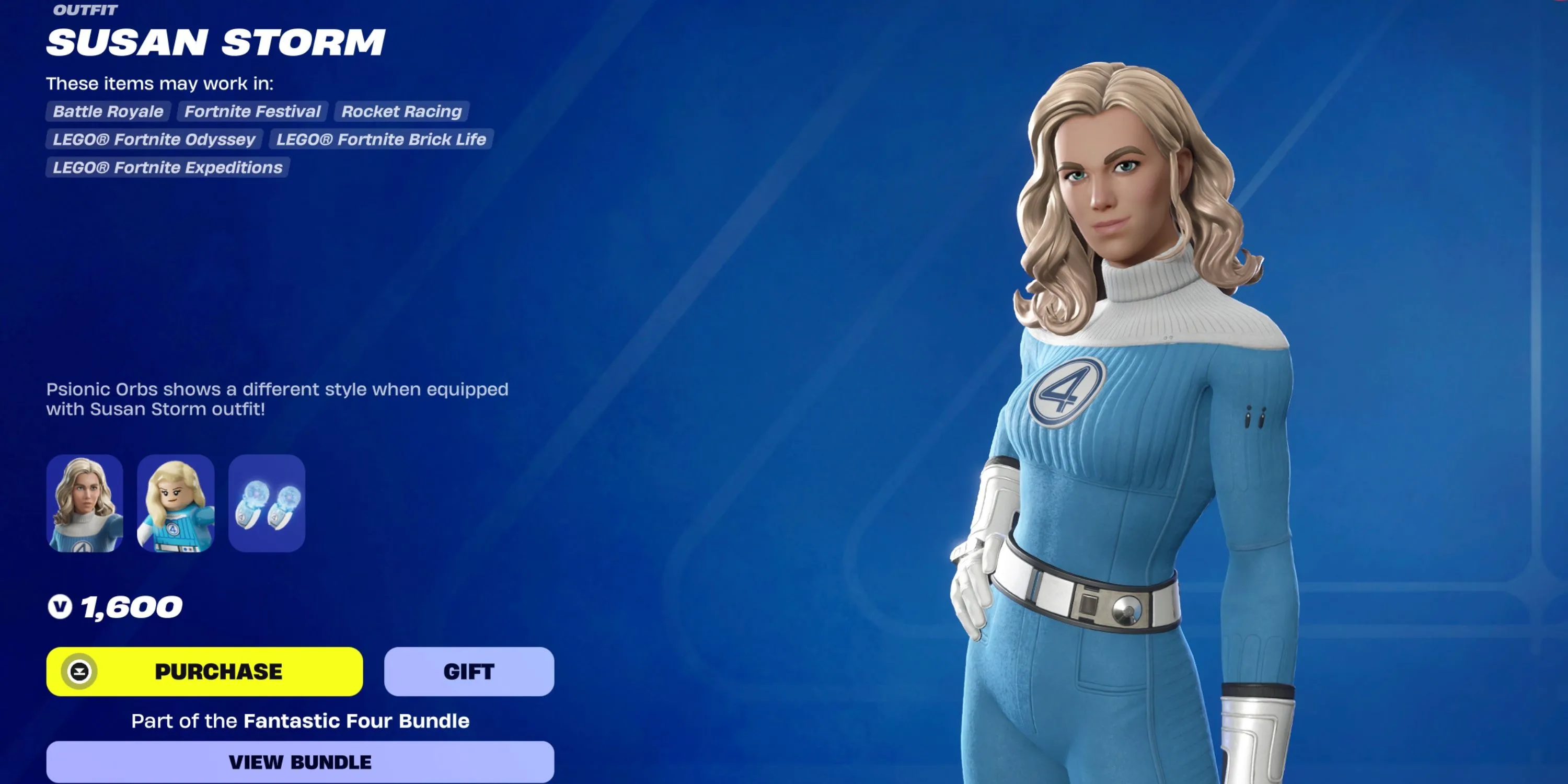 Invisible Woman Susan Storm trong Fortnite với cuốc chim Psionic Orbs đặc trưng