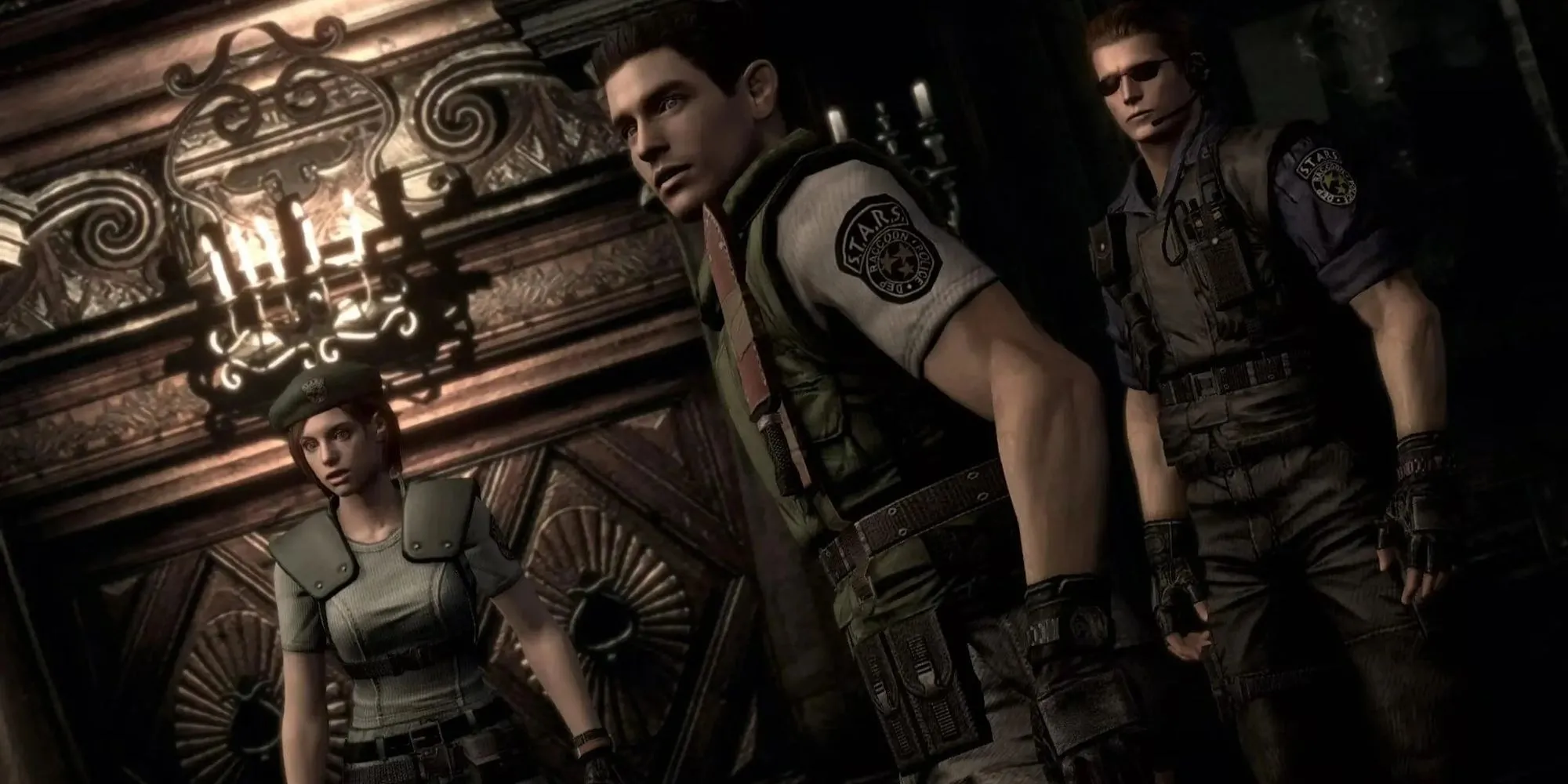 Jill Valentine, Chris Redfield và Albert Wesker bước vào Dinh thự Spencer trong Resident Evil bản gốc