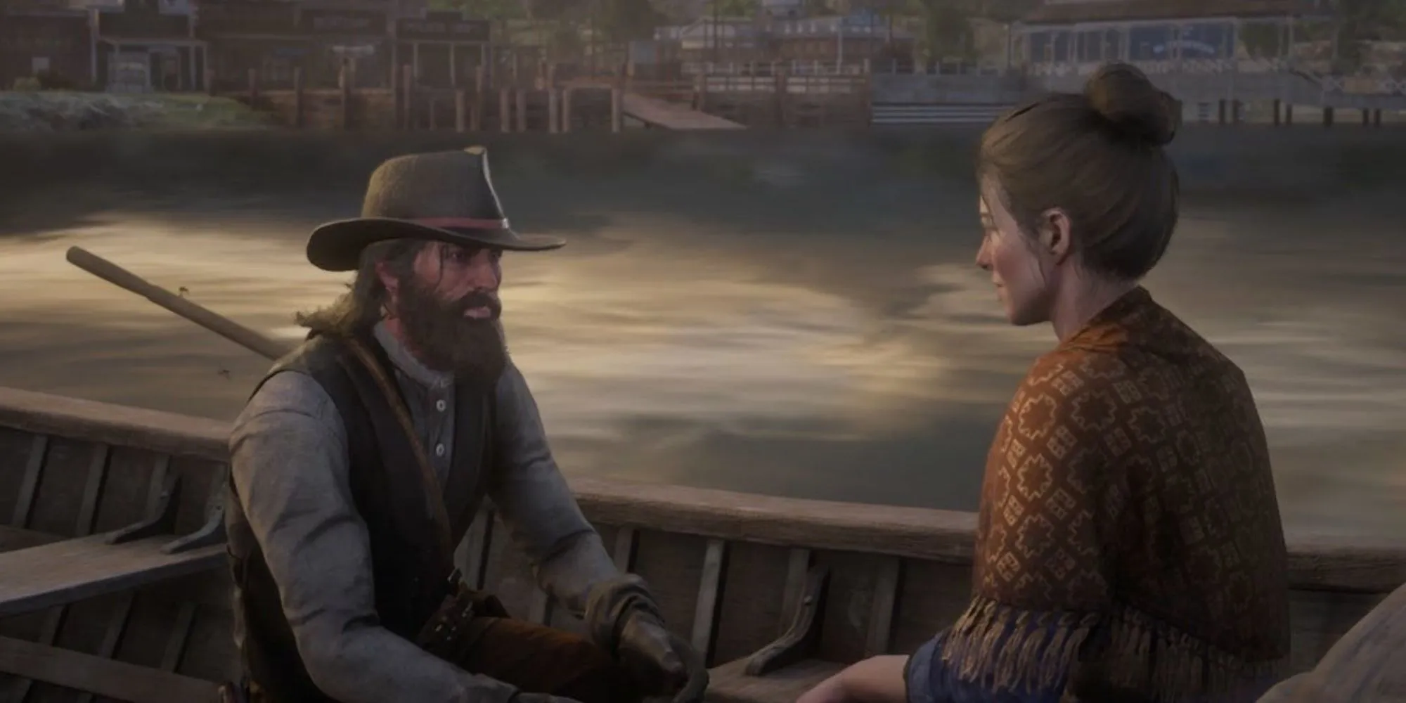 John Marston cầu hôn Abigail trên thuyền trong Red Dead Redemption 2, một mối tình đầy sóng gió.