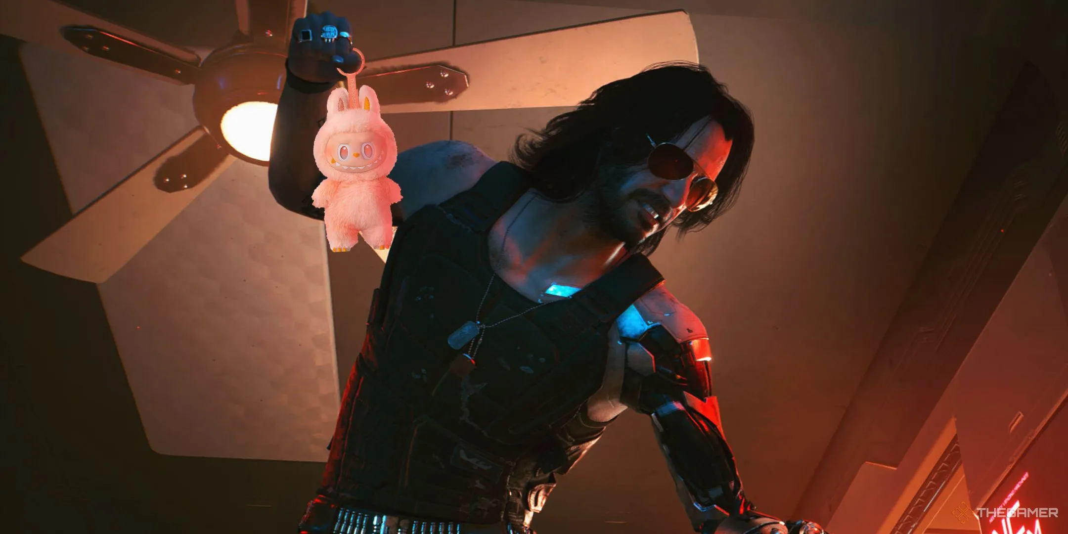 Johnny Silverhand trong Cyberpunk 2077 đội mũ Labubu ngộ nghĩnh, thể hiện sự kết hợp độc đáo.