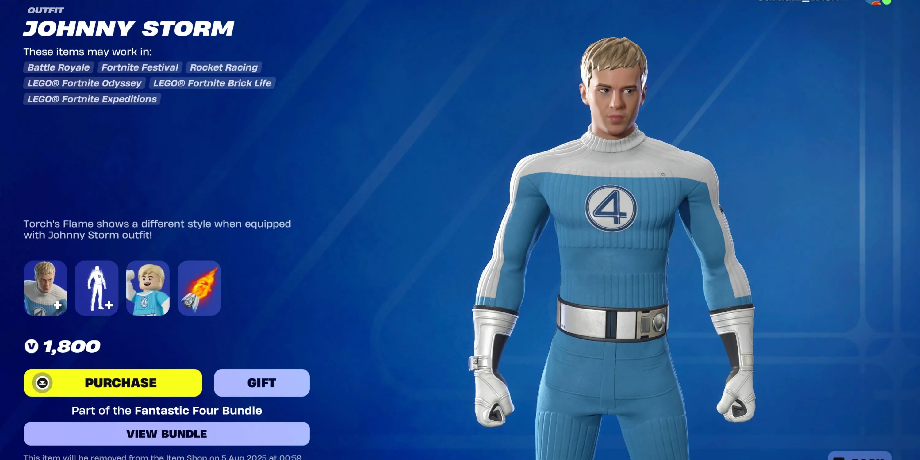 Johnny Storm trong skin Human Torch của Fantastic Four trong Fortnite với hiệu ứng lửa đặc trưng