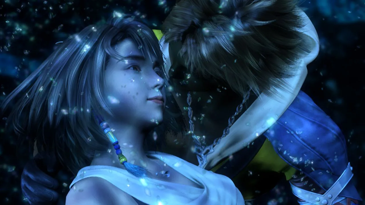 Kimahri và Yuna cùng các thành viên đội hình trong một cảnh quay cinematic của Final Fantasy 10.