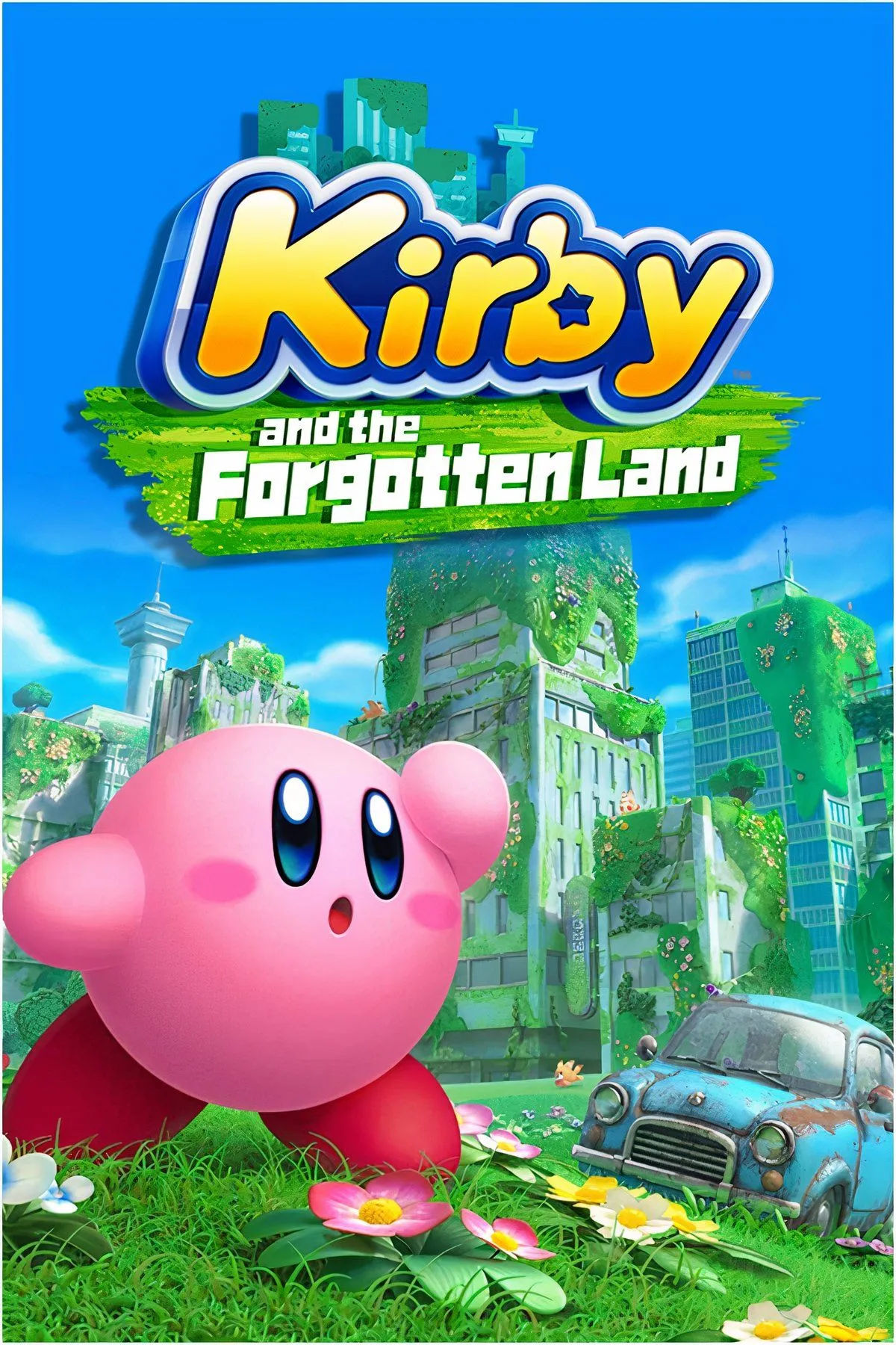 Kirby đang bay lượn và sử dụng khả năng hút vật thể trong thế giới 3D đầy màu sắc của Kirby and the Forgotten Land, một tựa game platformer đáng yêu trên Nintendo Switch.