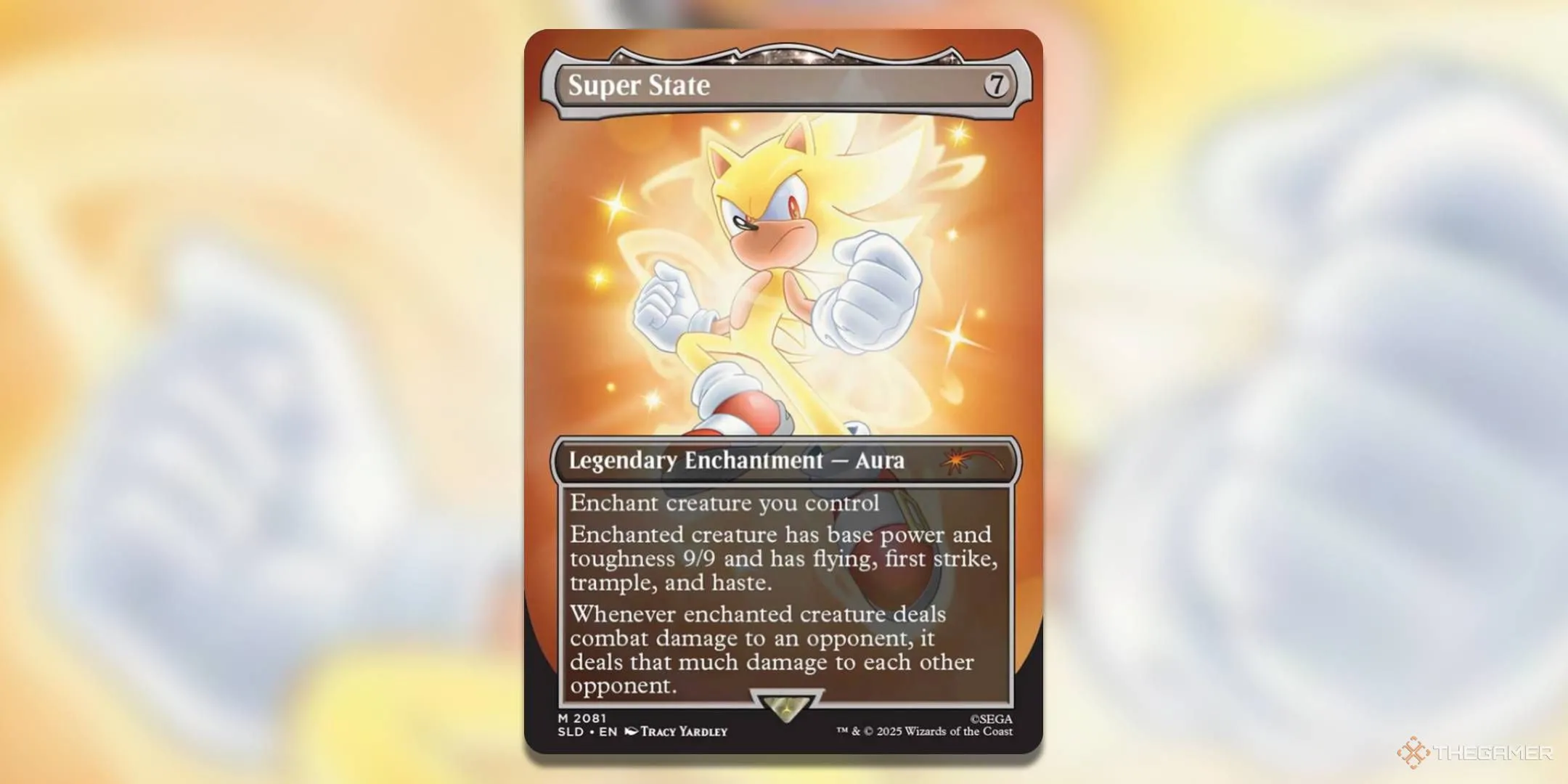 Lá bài Magic: The Gathering Super State từ Secret Lair Sonic: Friends &amp; Foes, hình ảnh Super Sonic phát sáng