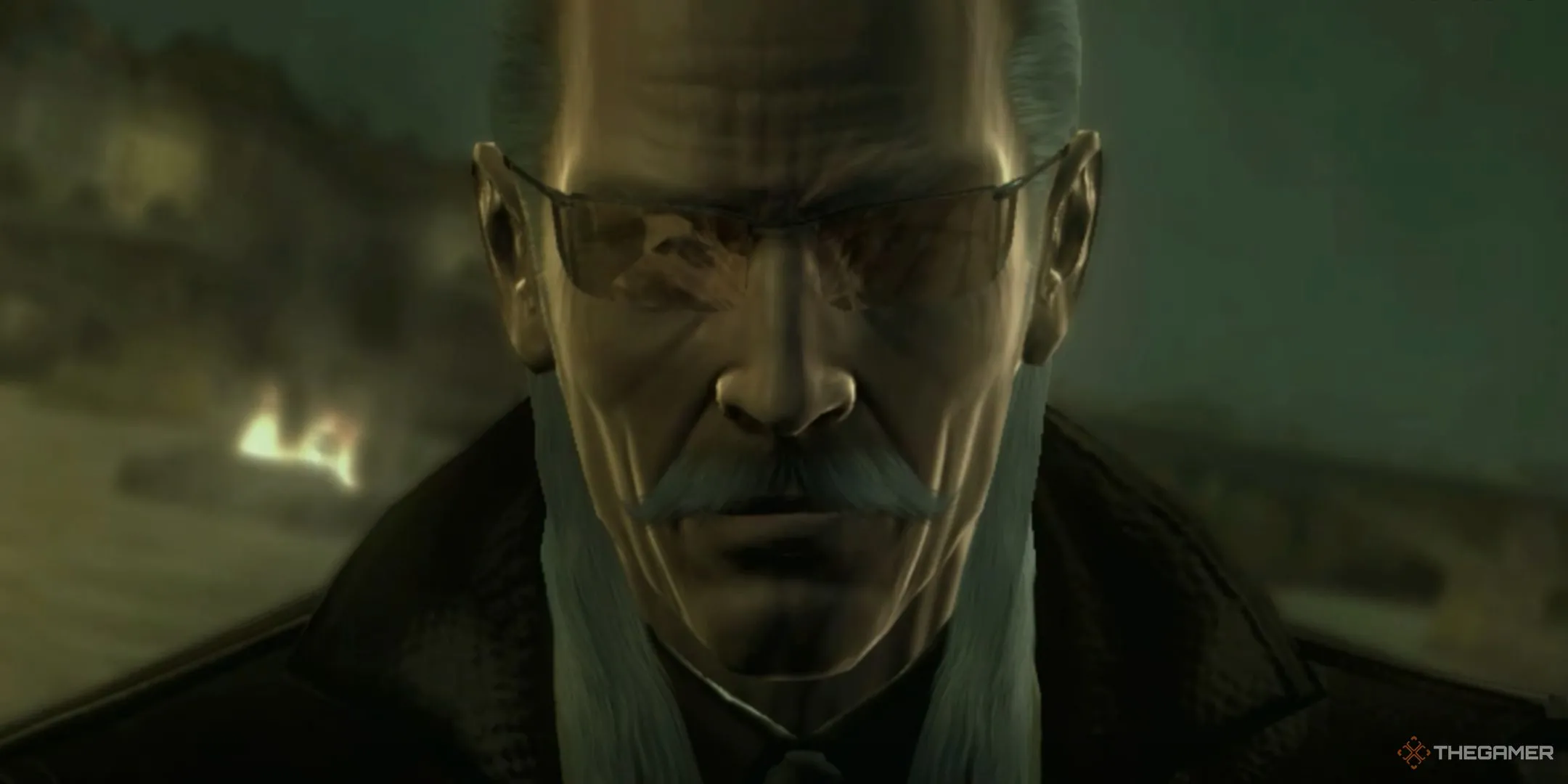 Liquid Ocelot với ánh lửa phản chiếu trên kính trong Metal Gear Solid 4