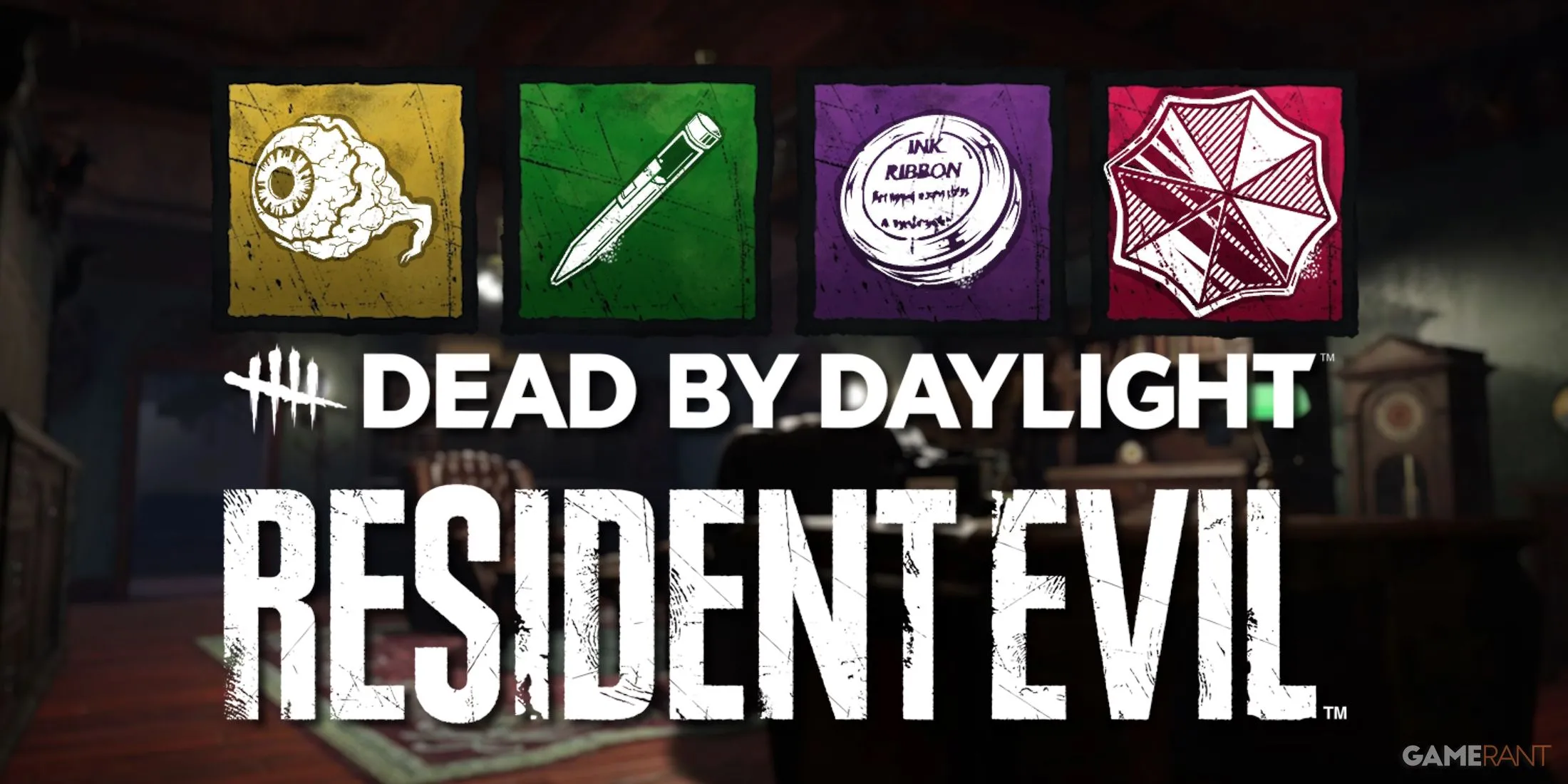 Logo Resident Evil cùng các Add-on của Nemesis trên nền văn phòng RPD trong Dead by Daylight