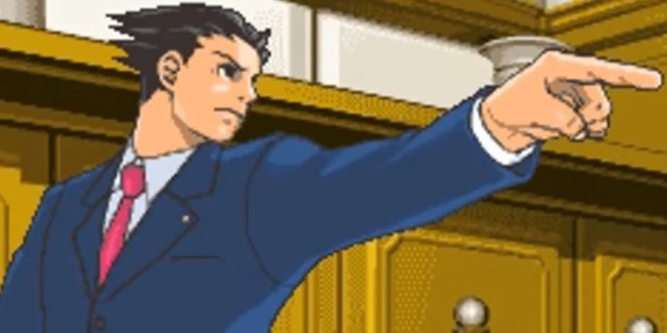 Luật sư Phoenix Wright chỉ tay quyết đoán trong game Phoenix Wright Ace Attorney phiên bản DS