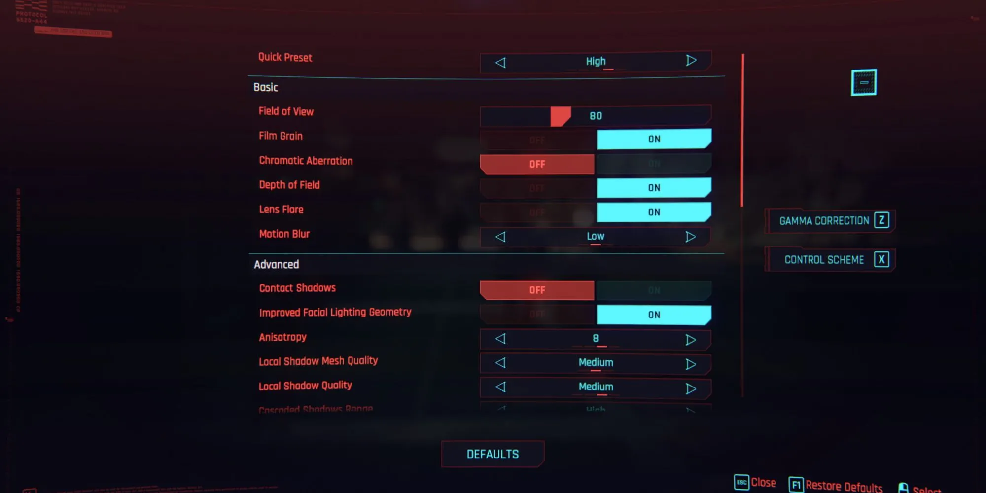 Màn hình cài đặt đồ họa chi tiết trong game Cyberpunk 2077 với nhiều tùy chọn nâng cao