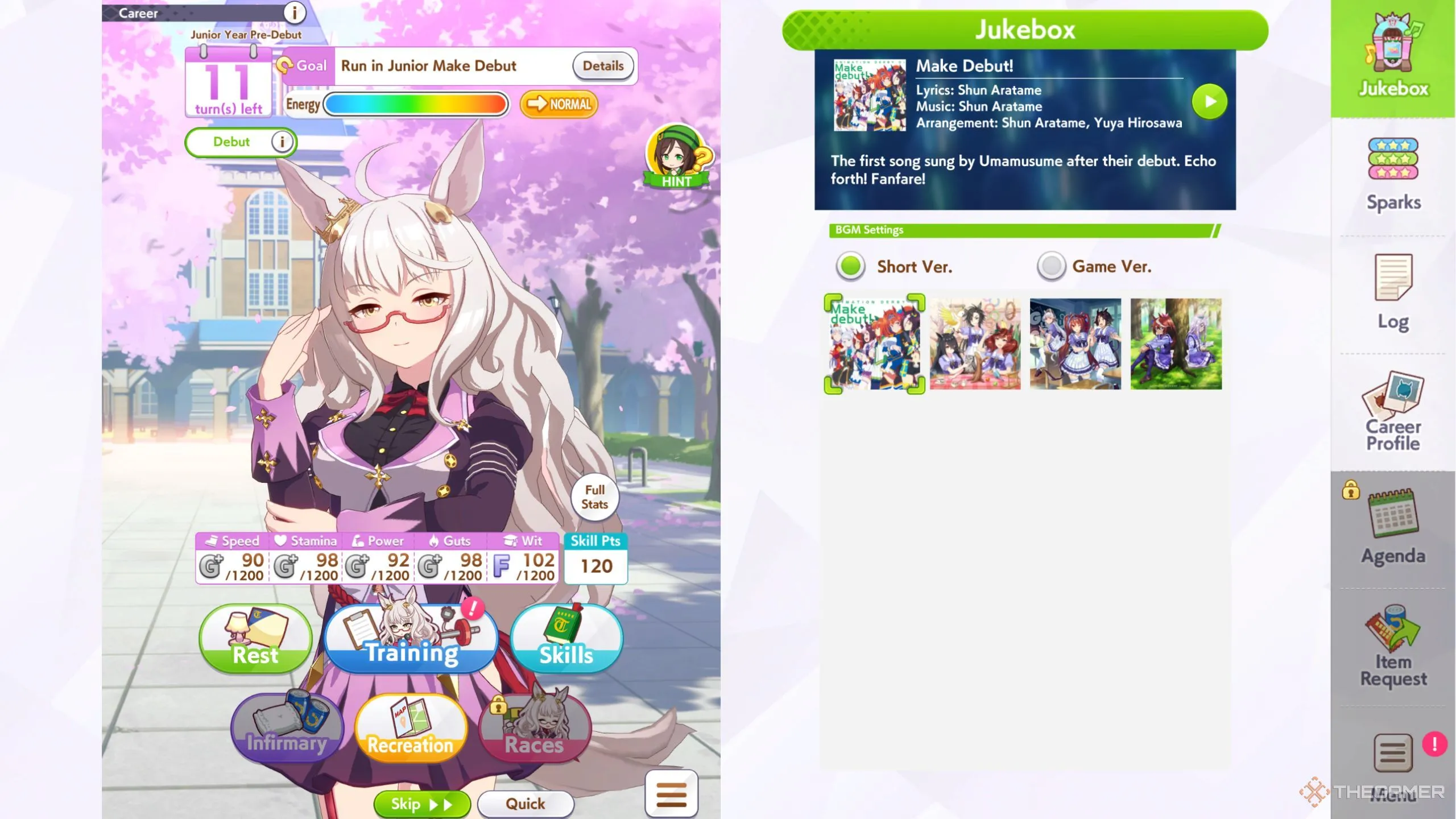 Màn hình huấn luyện Biwa Hayahide trong game Umamusume Pretty Derby, minh họa chỉ số và các tùy chọn luyện tập.