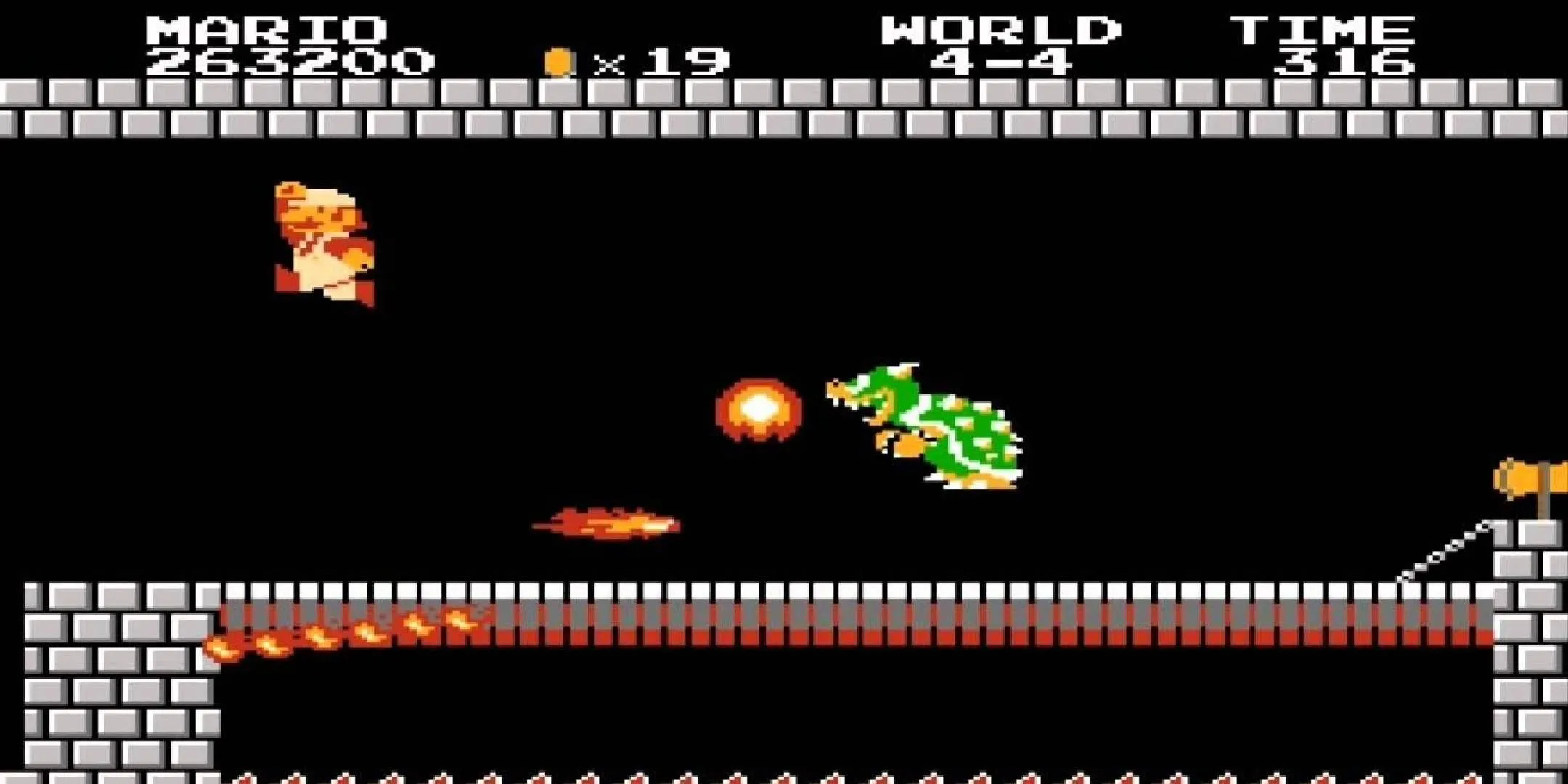 Mario đối đầu Bowser trong tựa game Super Mario Bros. trên hệ máy NES, một phân cảnh kinh điển của series.