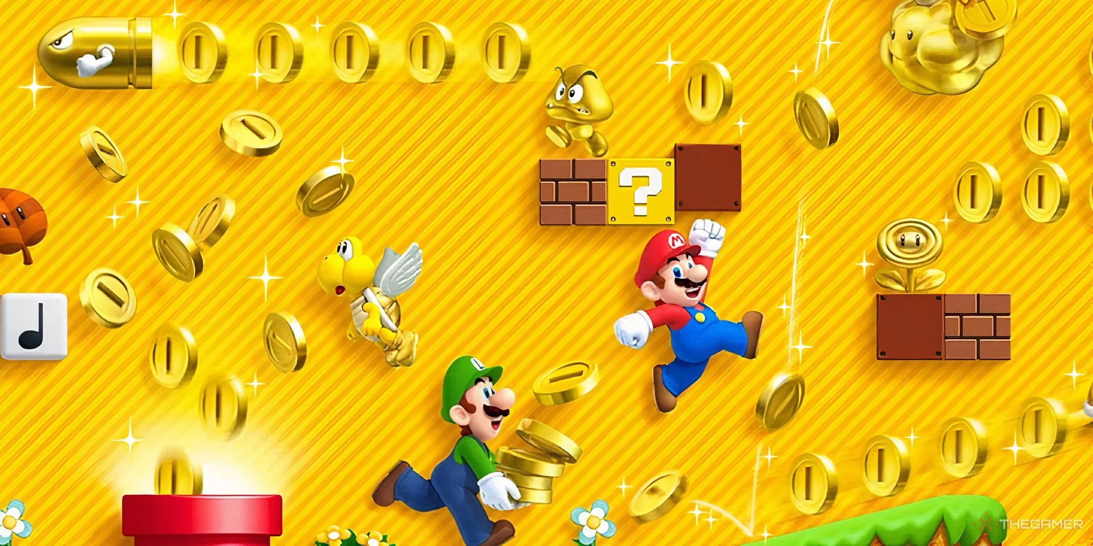 Mario và Luigi thu thập tiền xu trên nền vàng trong game New Super Mario Bros 2, tượng trưng cho yếu tố thu thập trong game Mario.