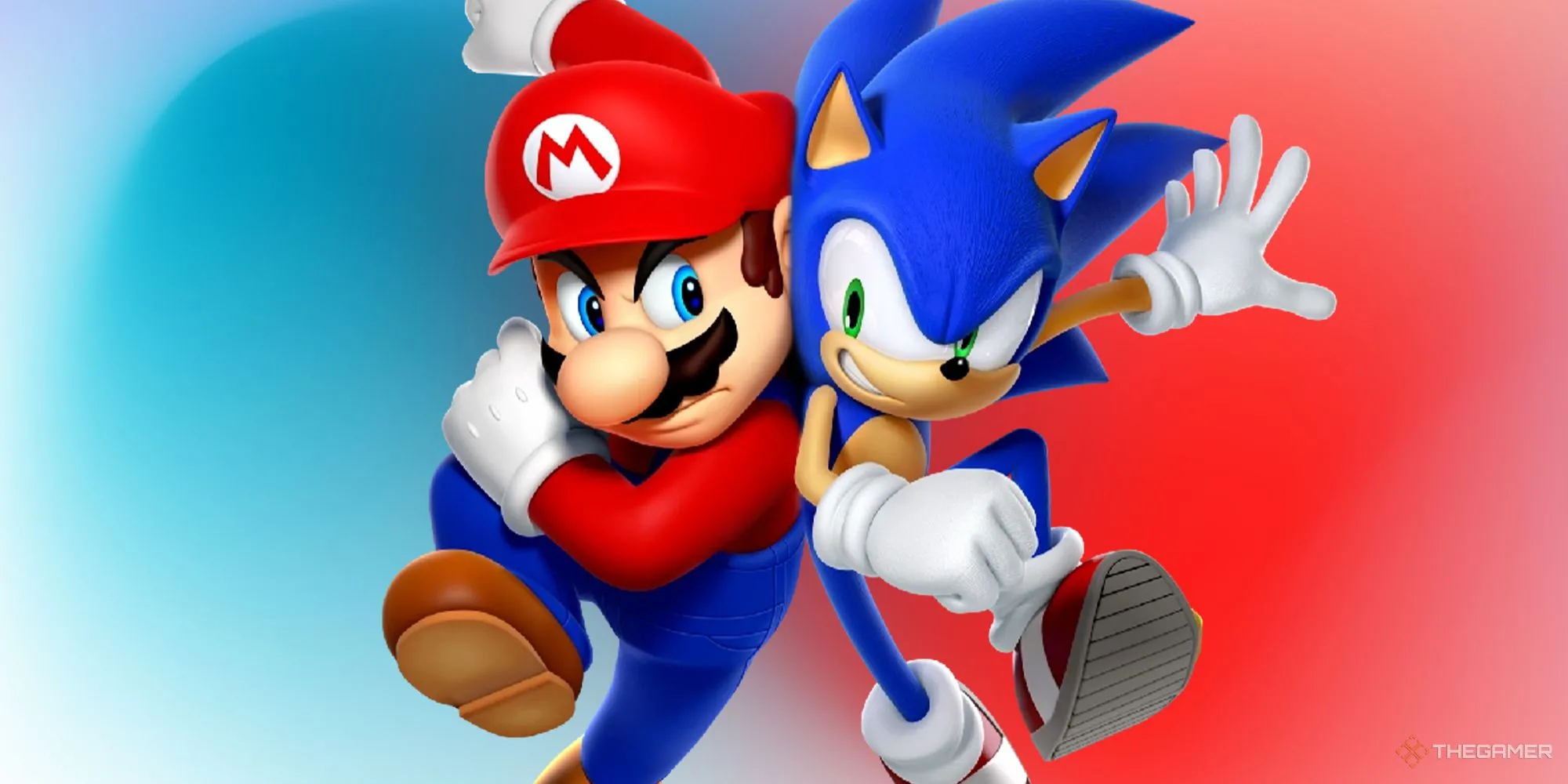 Mario và Sonic đối đầu trong một pha tranh tài tốc độ trên nền xanh đỏ, biểu tượng của series Mario & Sonic Olympic Games