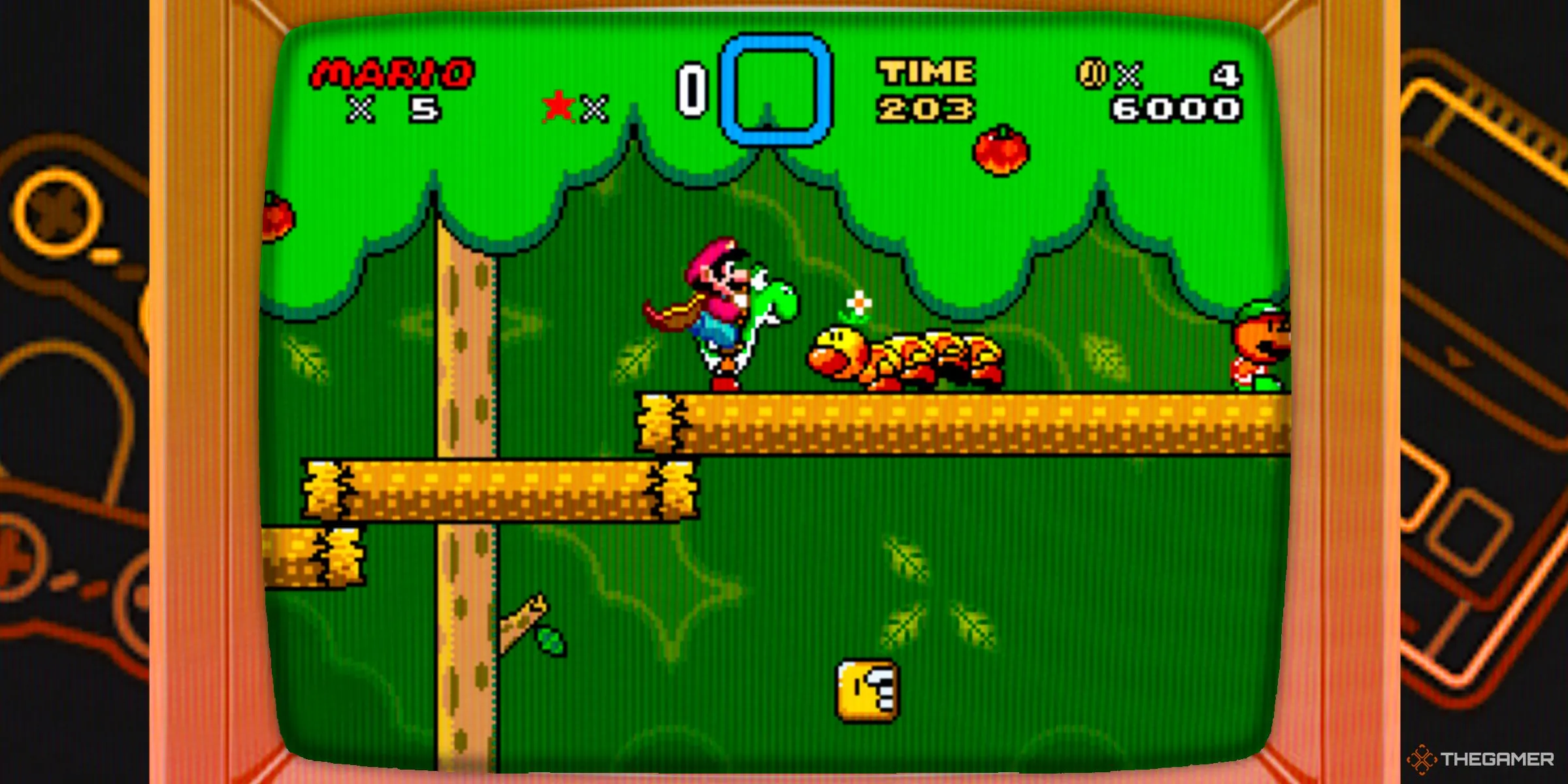Mario với áo choàng lông cưỡi Yoshi trong một màn chơi rừng rậm của Super Mario World, hiển thị trên màn hình CRT.