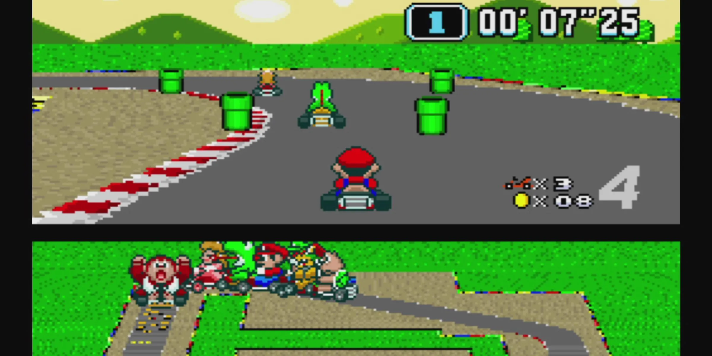 Mario, Yoshi và Peach đua xe trên Mario Circuit trong Super Mario Kart, trò chơi tiên phong cho dòng game đua xe Kart.