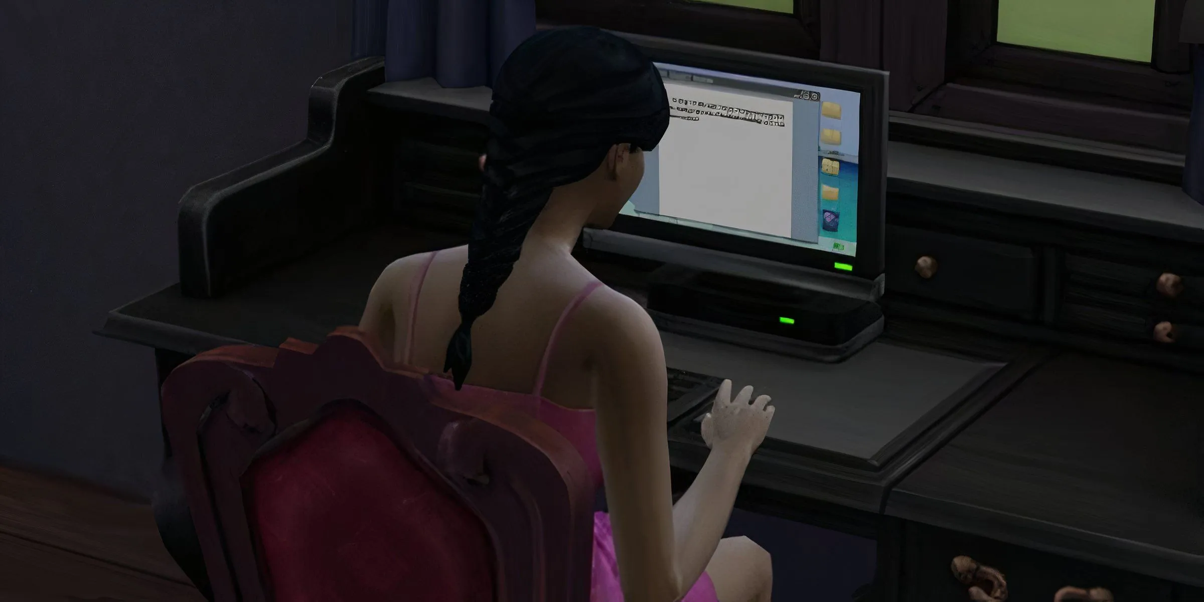 Một nhân vật Sim đang sử dụng máy tính trong game The Sims 4, thể hiện tình huống gặp lỗi không rõ nguyên nhân