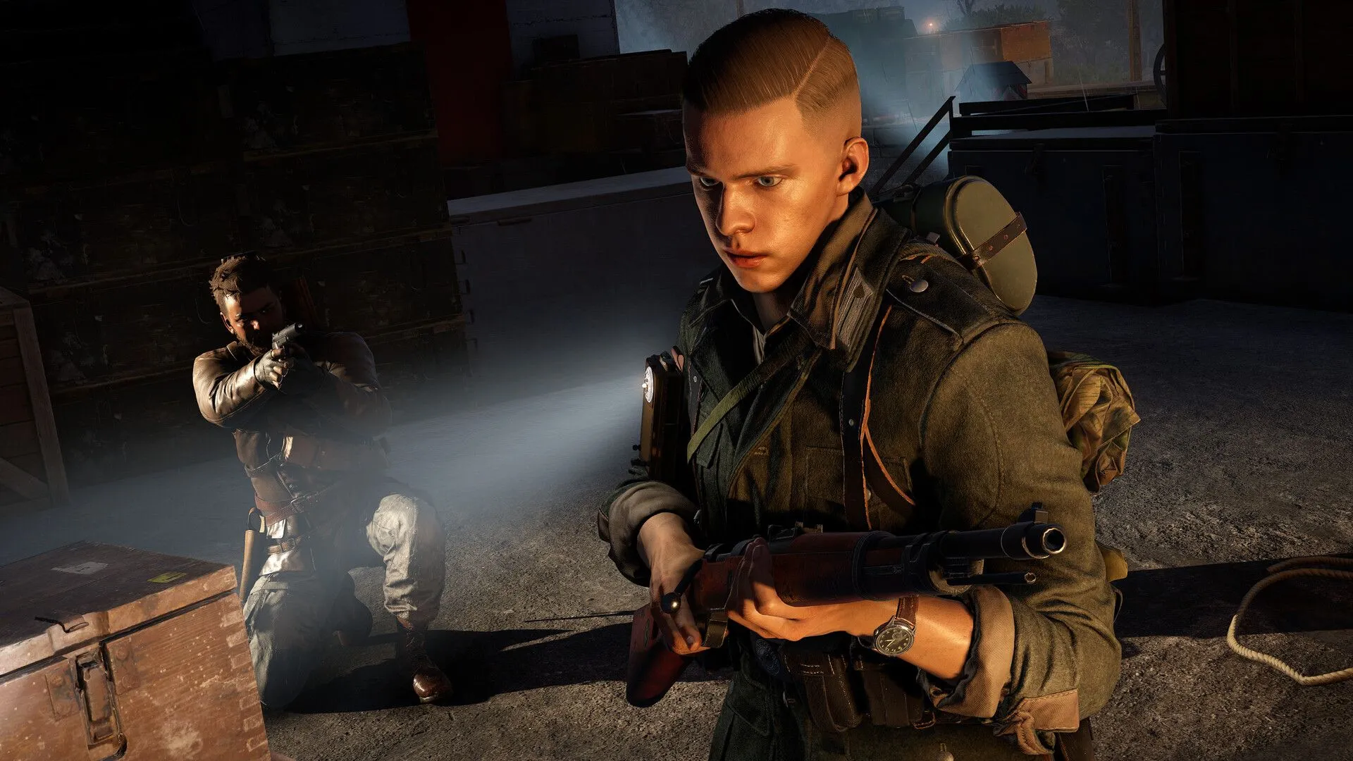Một pha hành động cận chiến của xạ thủ chống lại quân địch trong Sniper Elite: Resistance.
