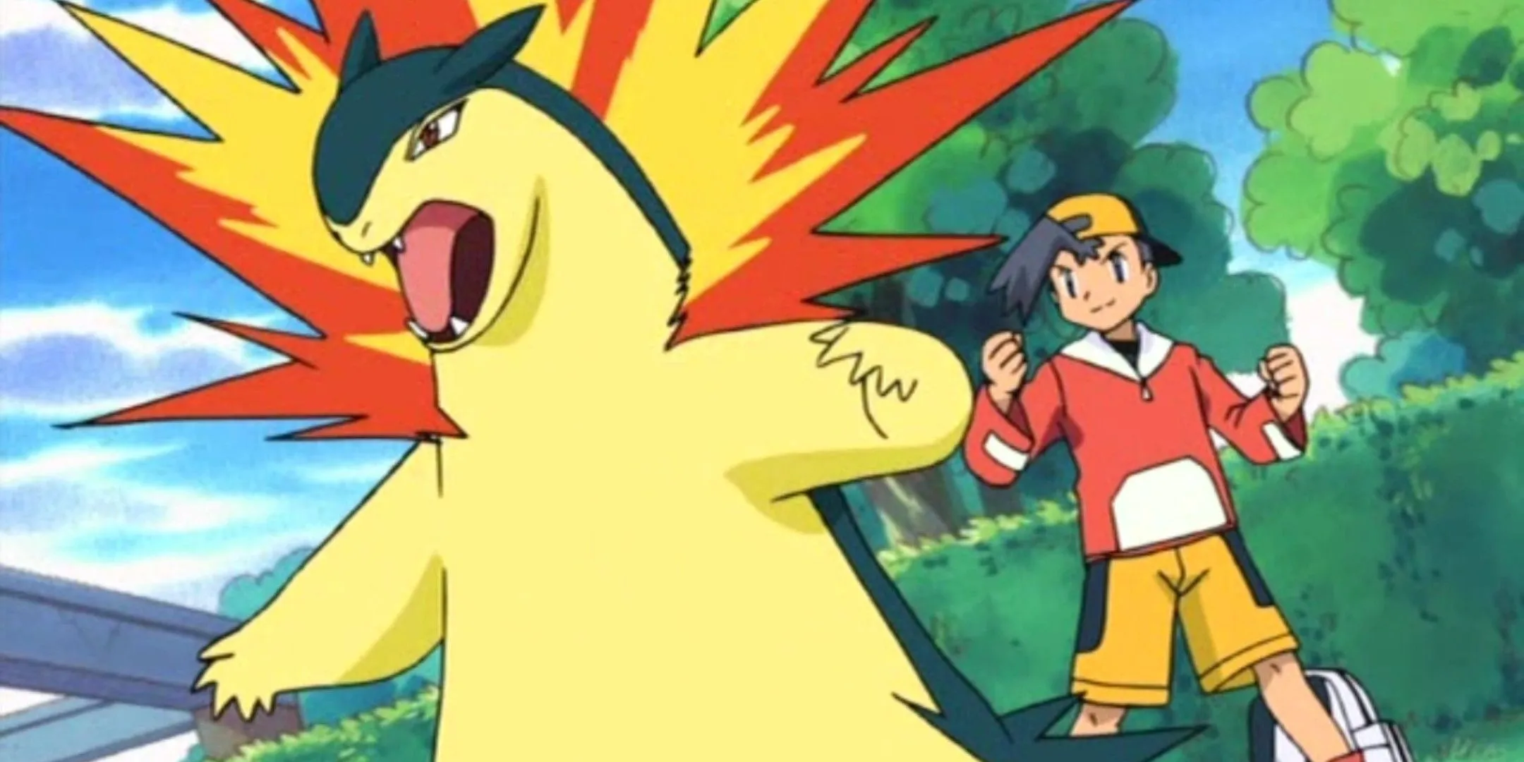 Một Typhlosion và Trainer của nó trong trận chiến Pokémon, thể hiện hành động chọn và chiến đấu.