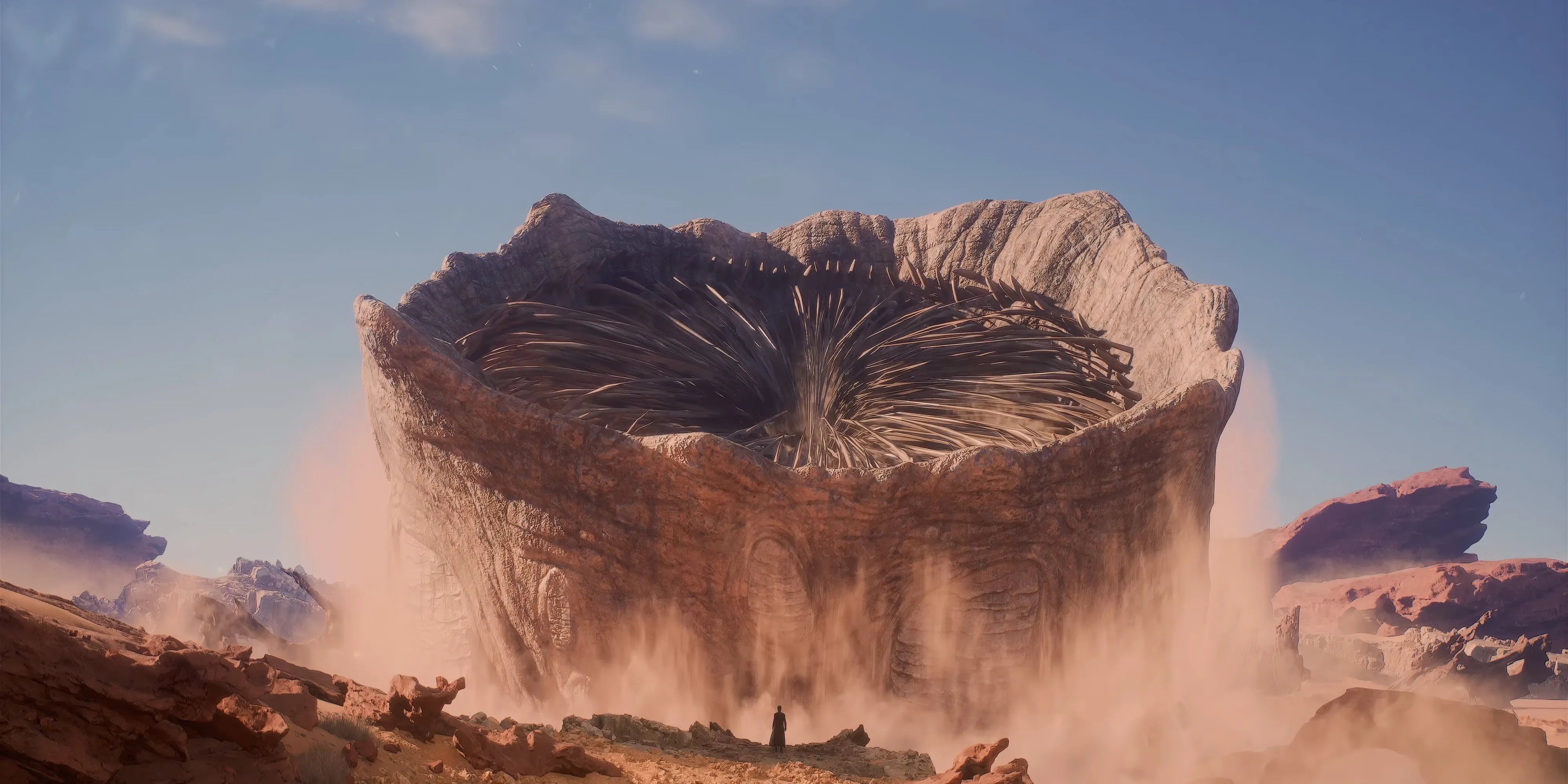 Người chơi trong Dune: Awakening đứng trước một con Sandworm khổng lồ đang trồi lên từ cát, mong muốn được cưỡi Giun cát.