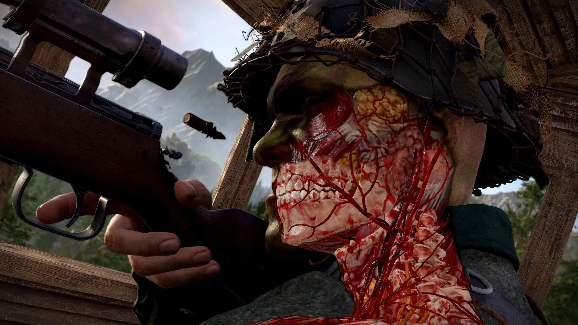 Nhân vật chính quan sát mục tiêu từ xa, chuẩn bị cho cú bắn quyết định trong Sniper Elite: Resistance.