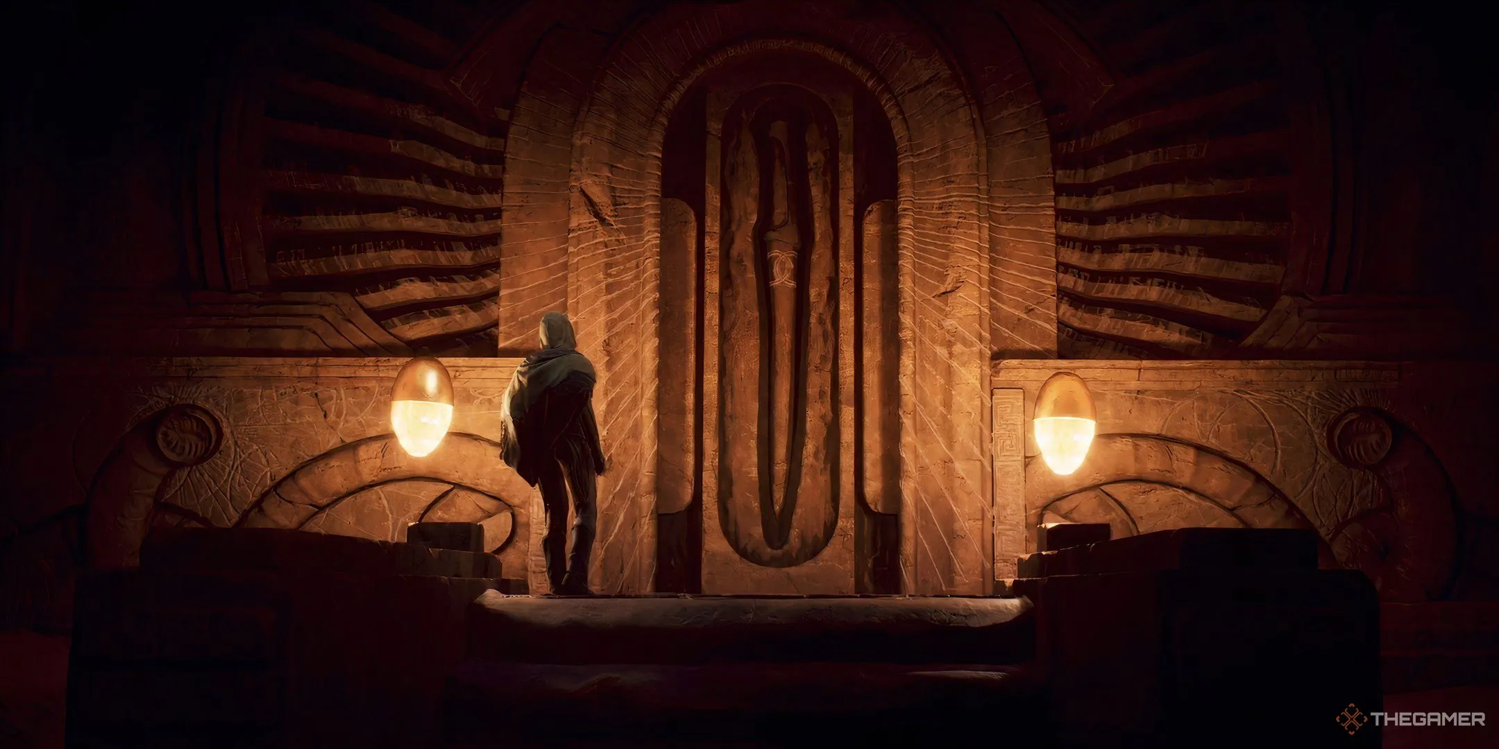 Nhân vật trong Dune: Awakening đứng trước một bàn thờ Fremen, khám phá văn hóa và tín ngưỡng trên Arrakis.