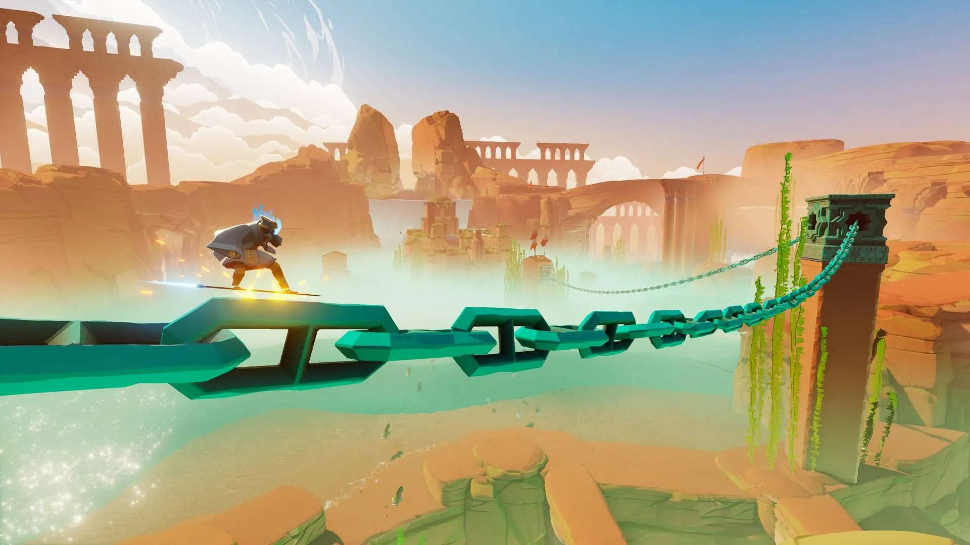Nhân vật Wraith thực hiện kỹ thuật grind trên dây xích khổng lồ trong game Sword of the Sea