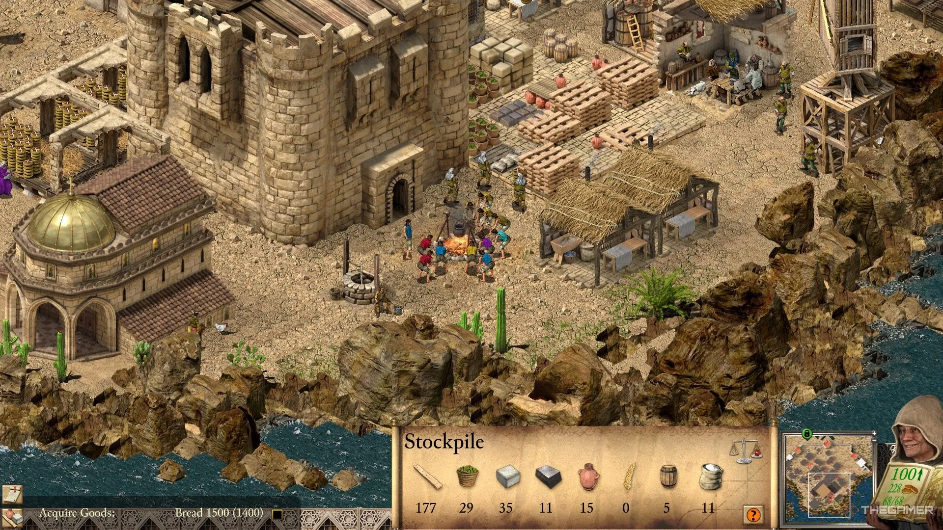 Nhóm nông dân chờ lệnh tại trại lính trong Stronghold Crusader Definitive Edition.