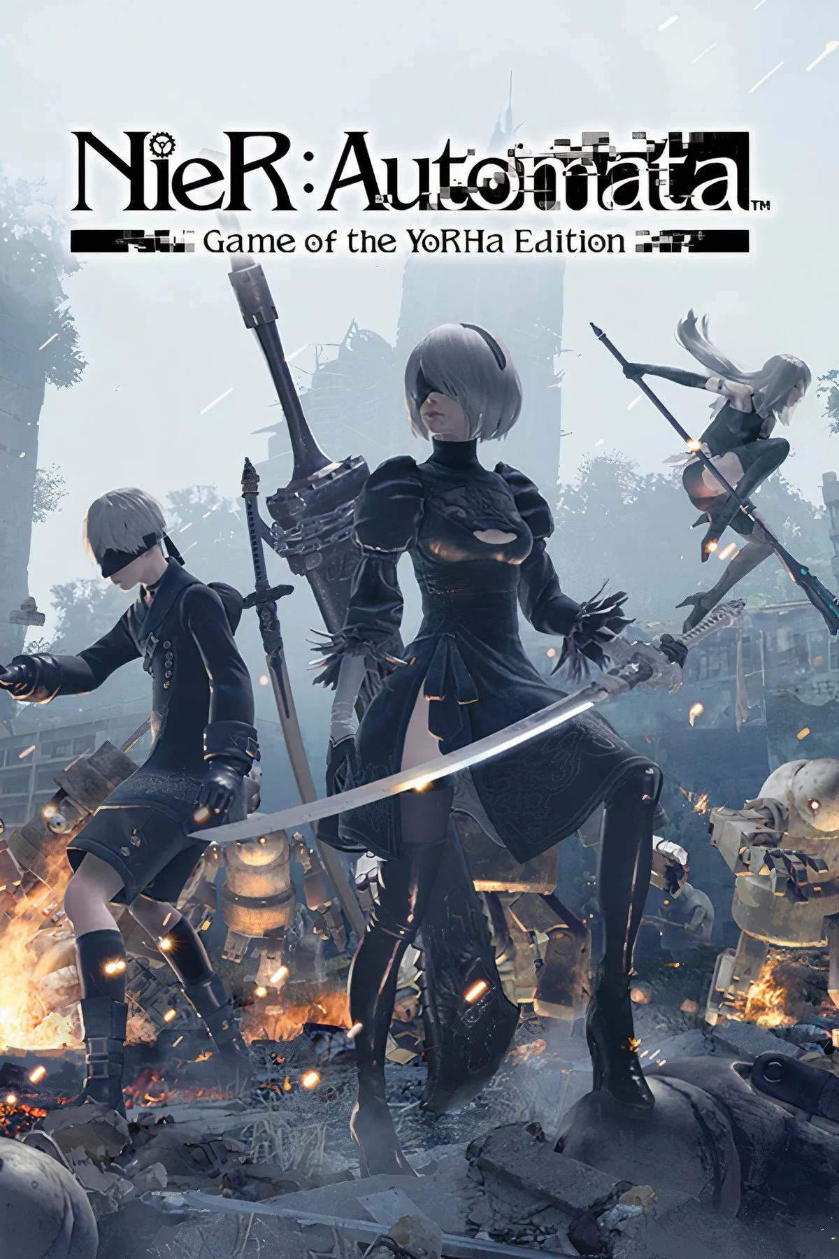 Nier Automata với nhân vật 2B và 9S đối đầu với những cỗ máy trong một thế giới đổ nát