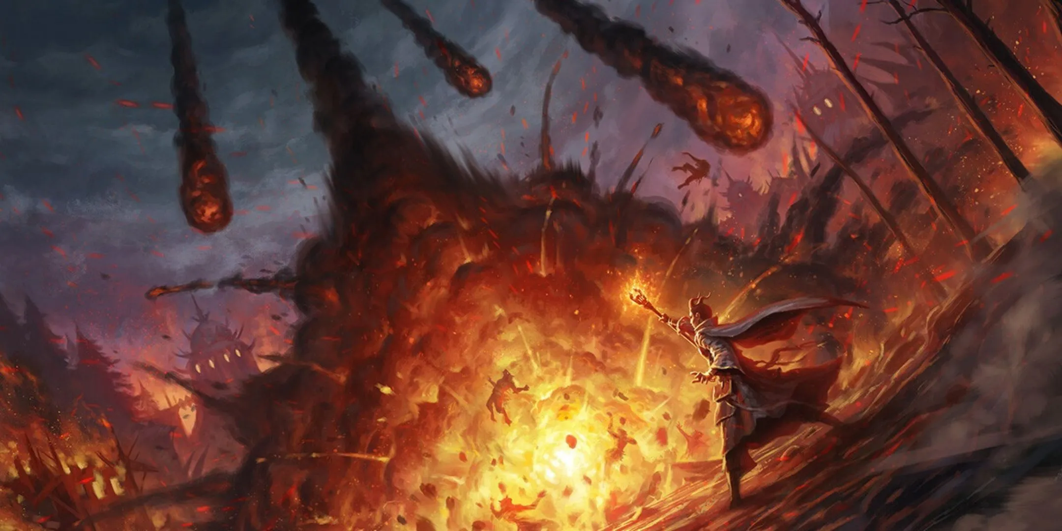 Nữ pháp sư Tiefling thi triển Meteor Swarm, trút những thiên thạch rực lửa xuống kẻ thù trong D&amp;D.