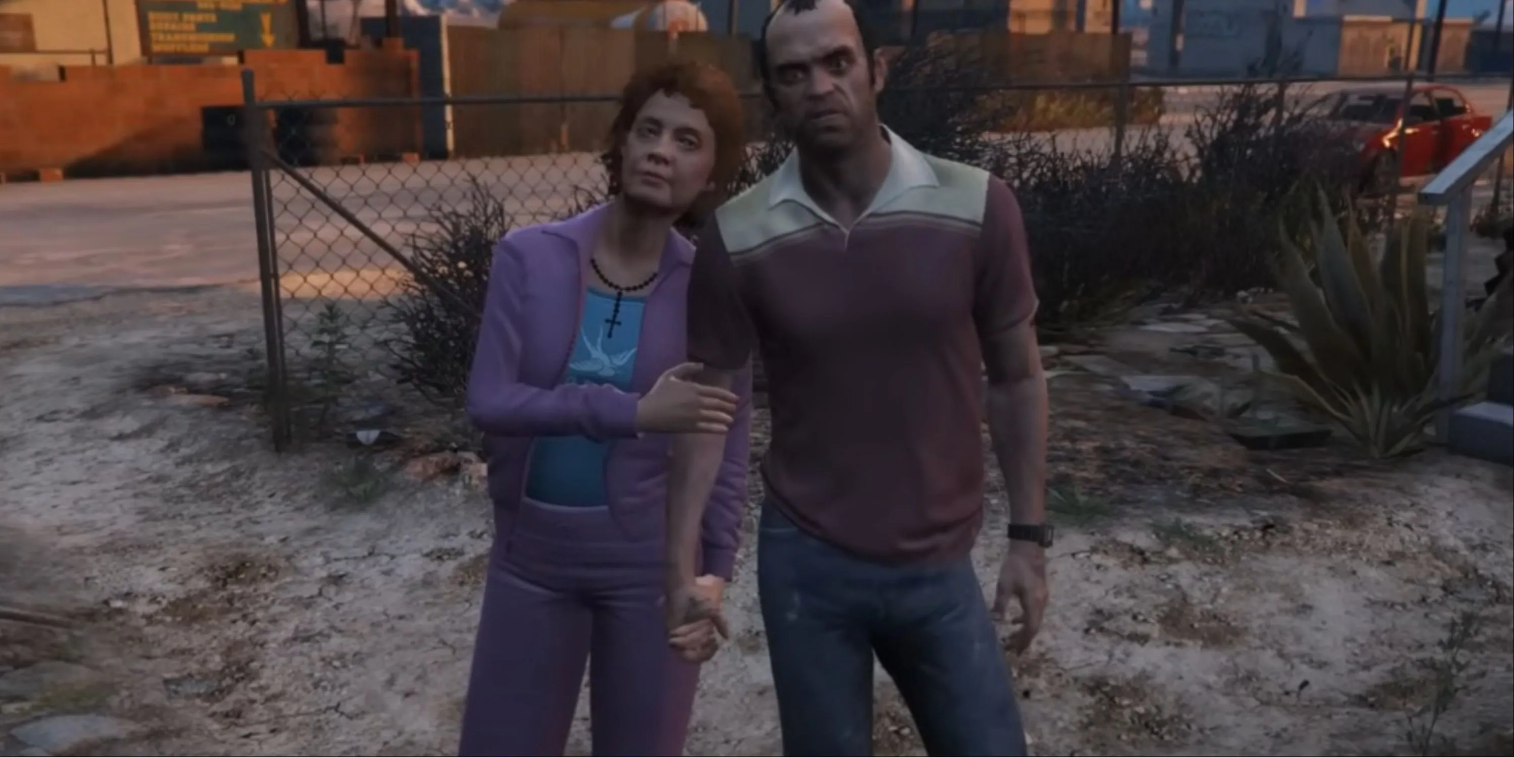 Patricia Madrazo ôm tay Trevor Phillips trong Grand Theft Auto V, minh chứng cho tình yêu kỳ lạ.