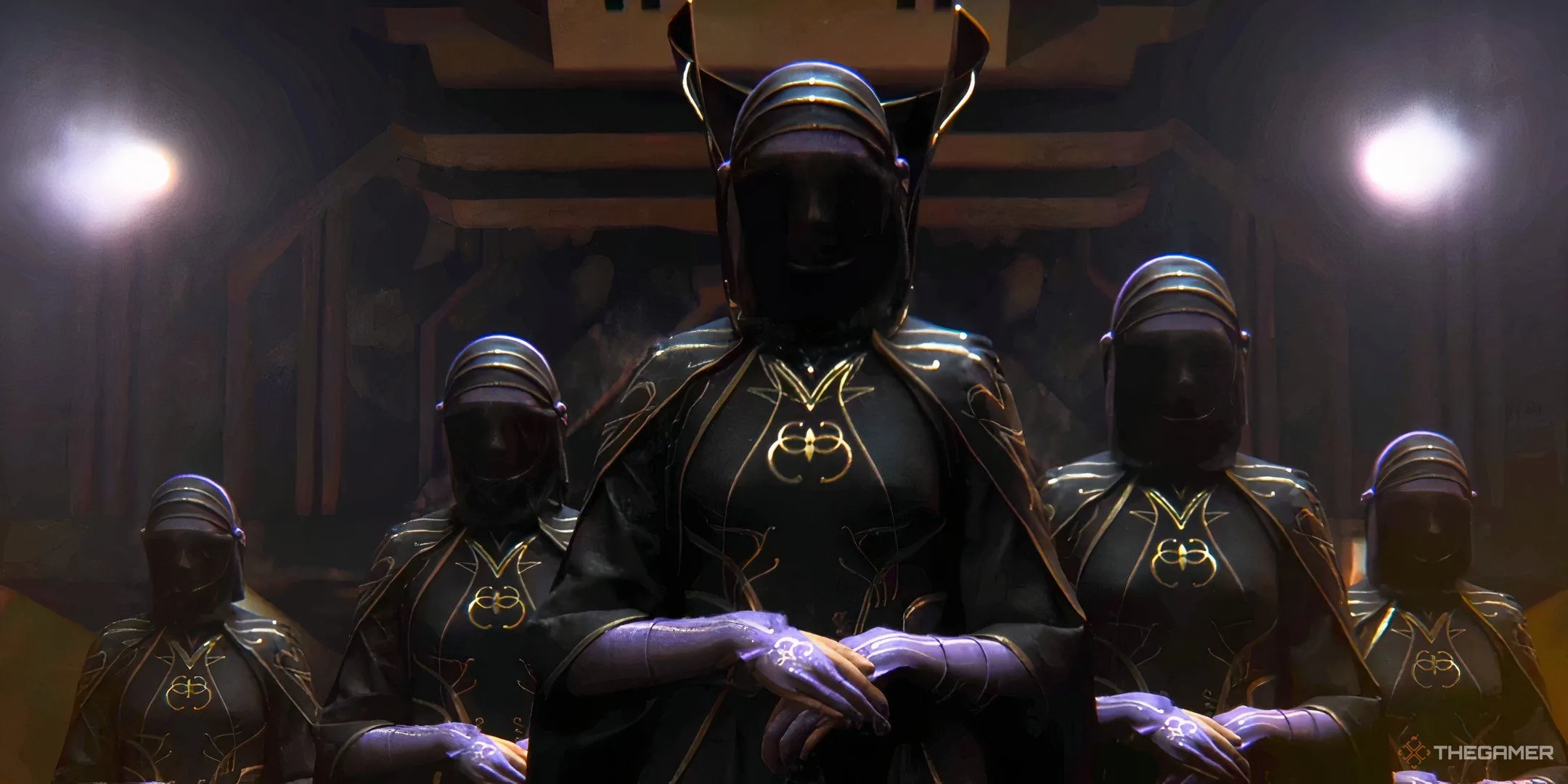 Phái Bene Gesserit với trang phục truyền thống và mạng che mặt đen trong game Dune: Awakening.