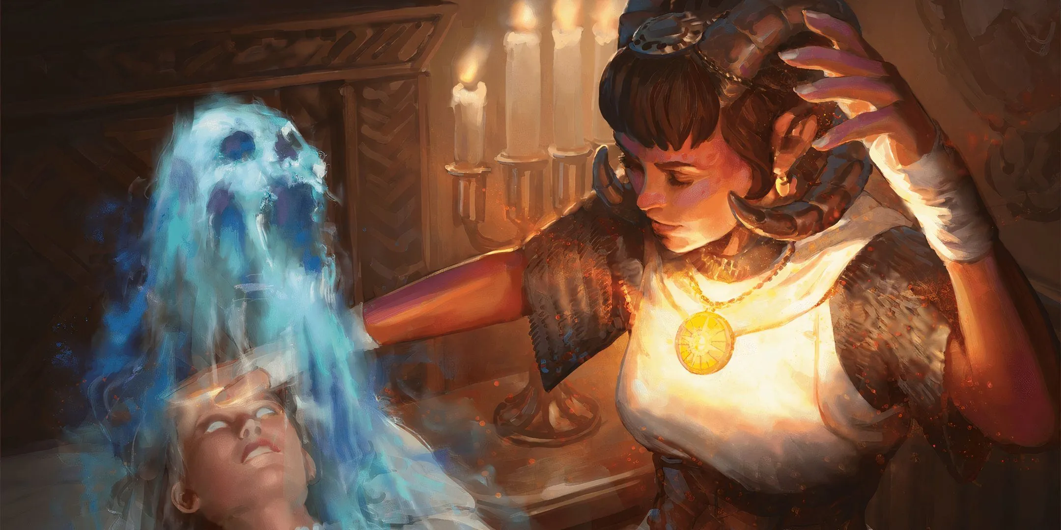 Pháp sư sử dụng Necromancy để triệu hồi xương sọ ma thuật trong D&amp;D.