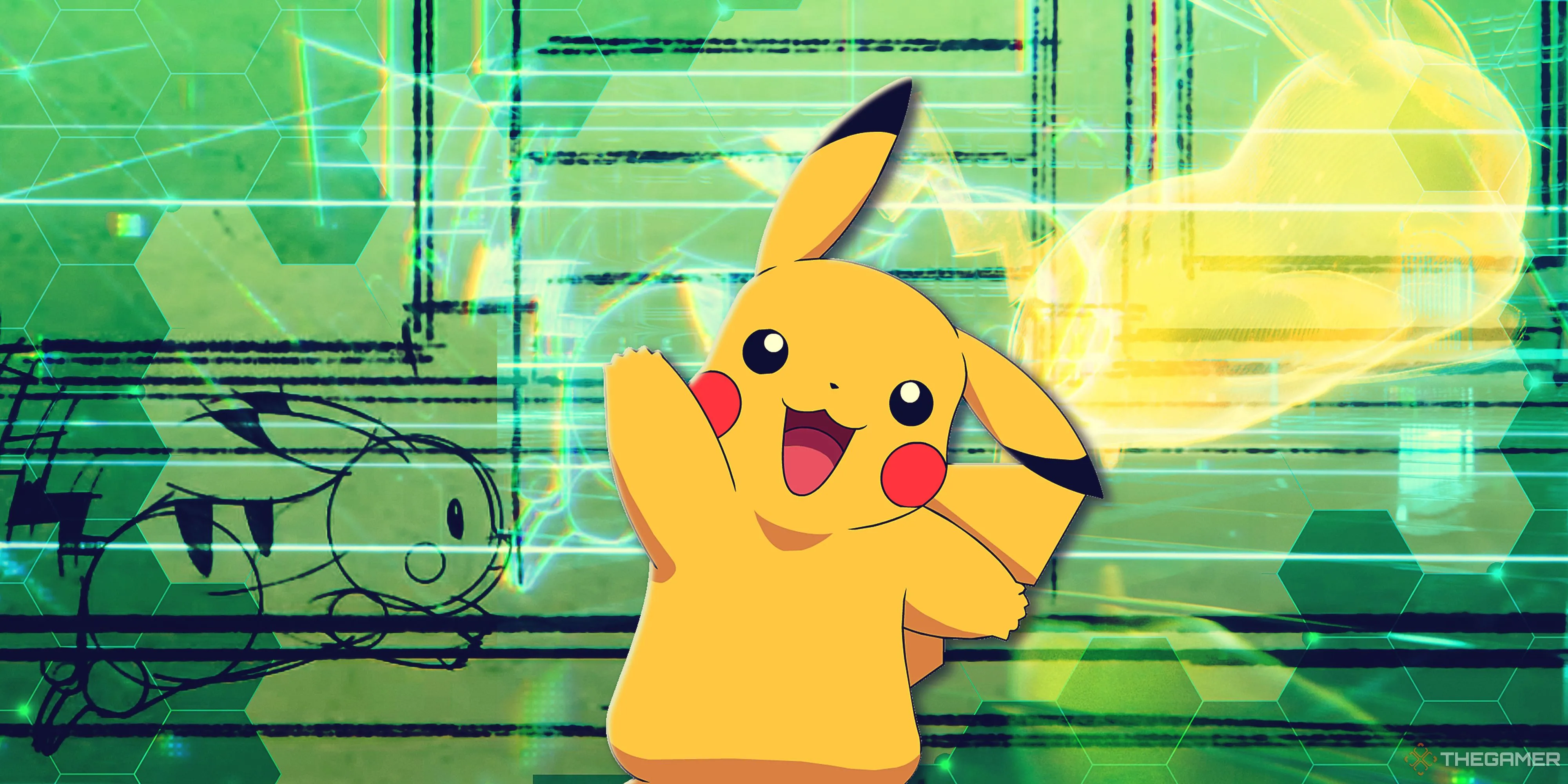 Pikachu trên nền xanh minh họa bộ phụ kiện Razer x Pokémon thiếu đột phá