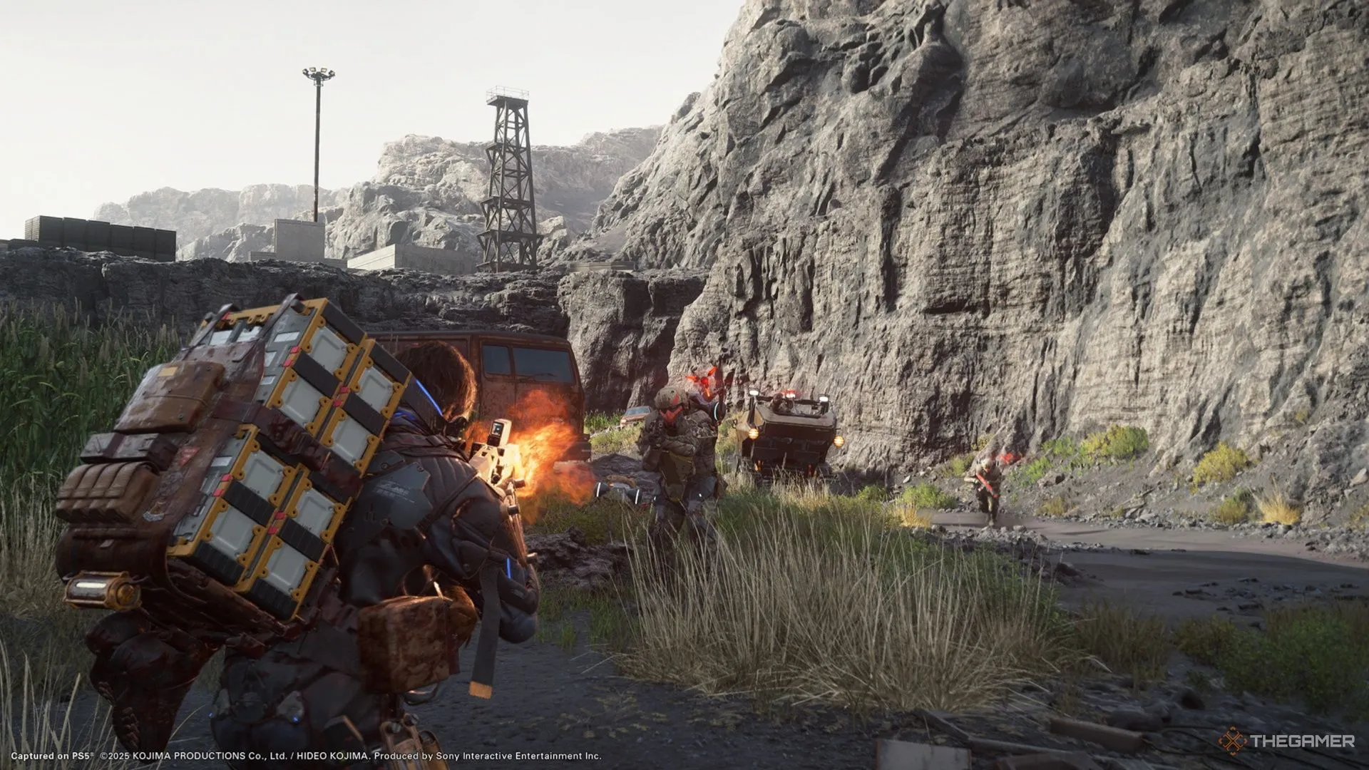 Sam tham gia cuộc đấu súng với những kẻ cướp trong Death Stranding 2.