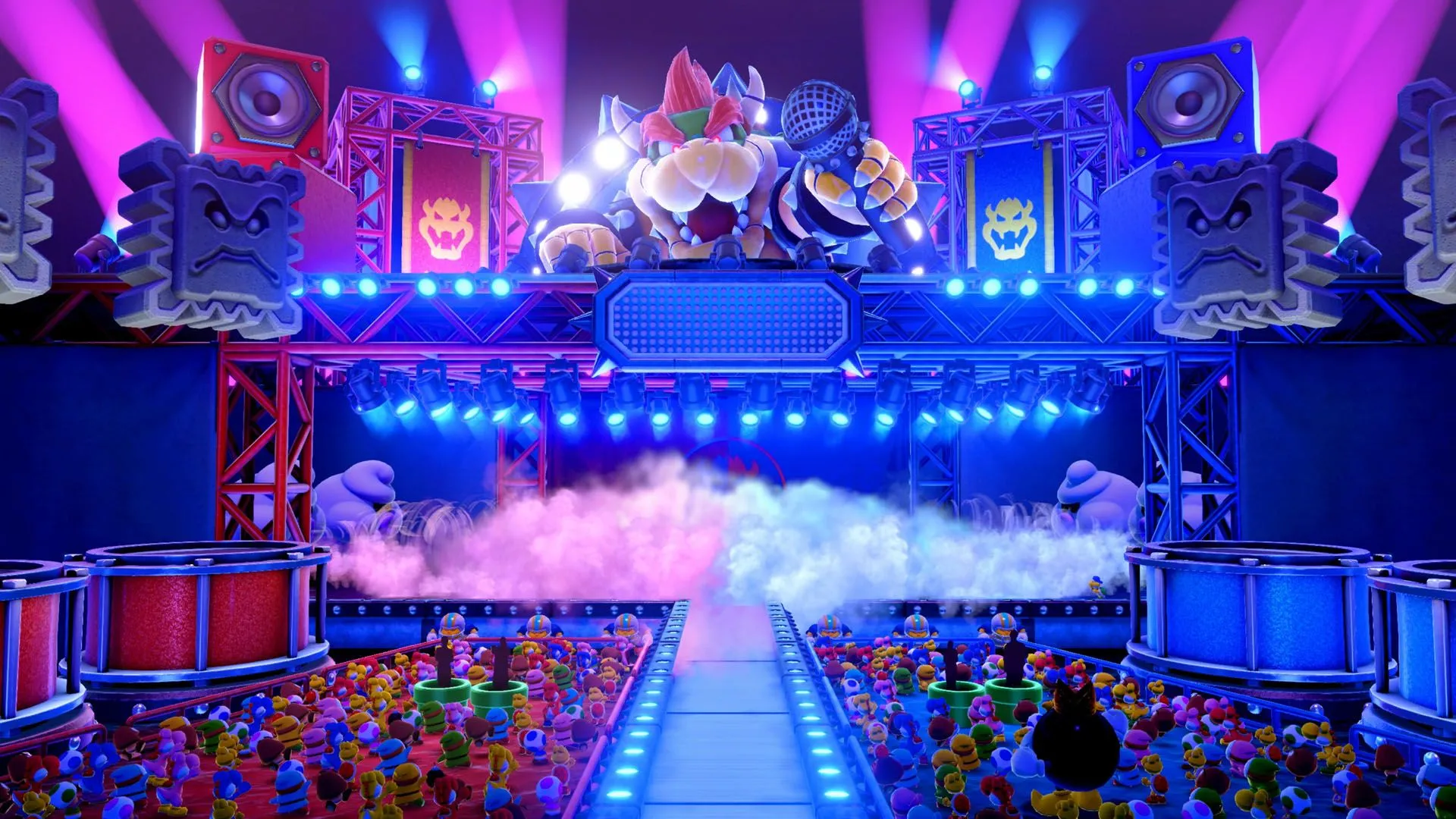Sân khấu rực rỡ của chế độ Bowser Live trong Super Mario Party Jamboree Nintendo Switch 2 Edition.