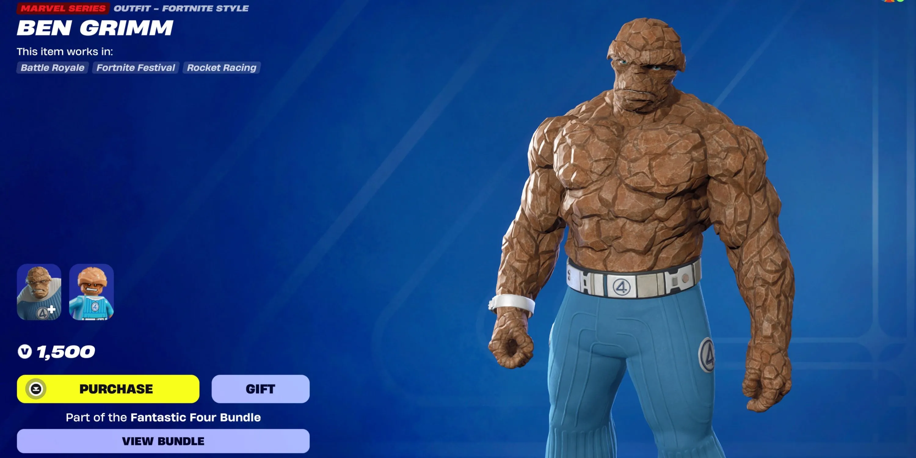 Skin The Thing Ben Grimm trong Fortnite với phong cách mặc áo và không áo