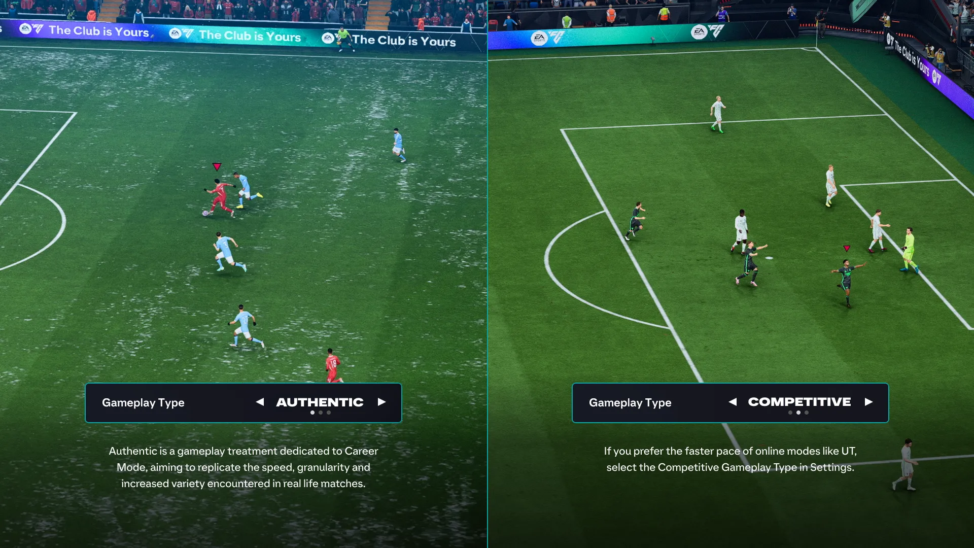 So sánh trực quan hai chế độ gameplay Competitive và Authentic trong EA FC 26, minh họa sự khác biệt rõ ràng