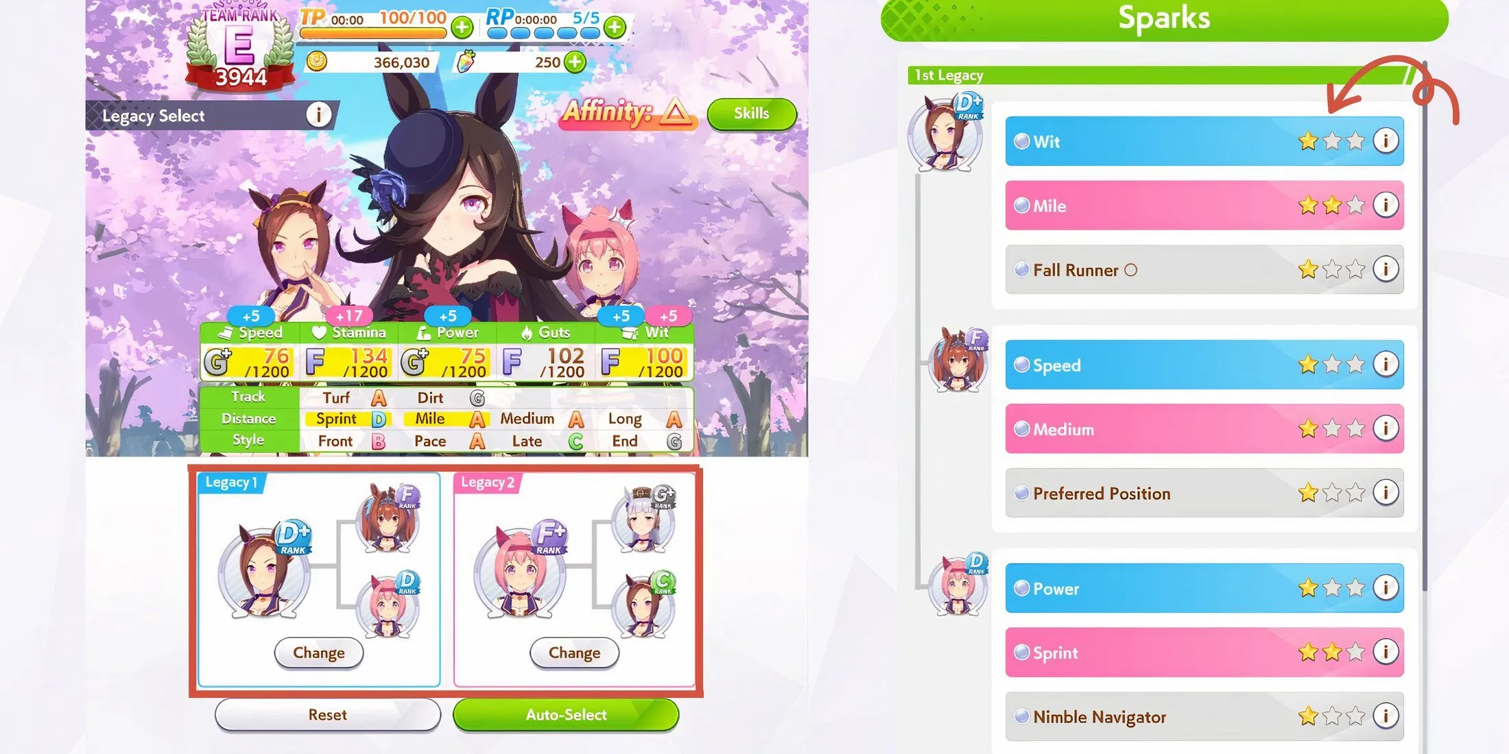 Sparks trong Umamusume Pretty Derby ảnh hưởng đến chỉ số