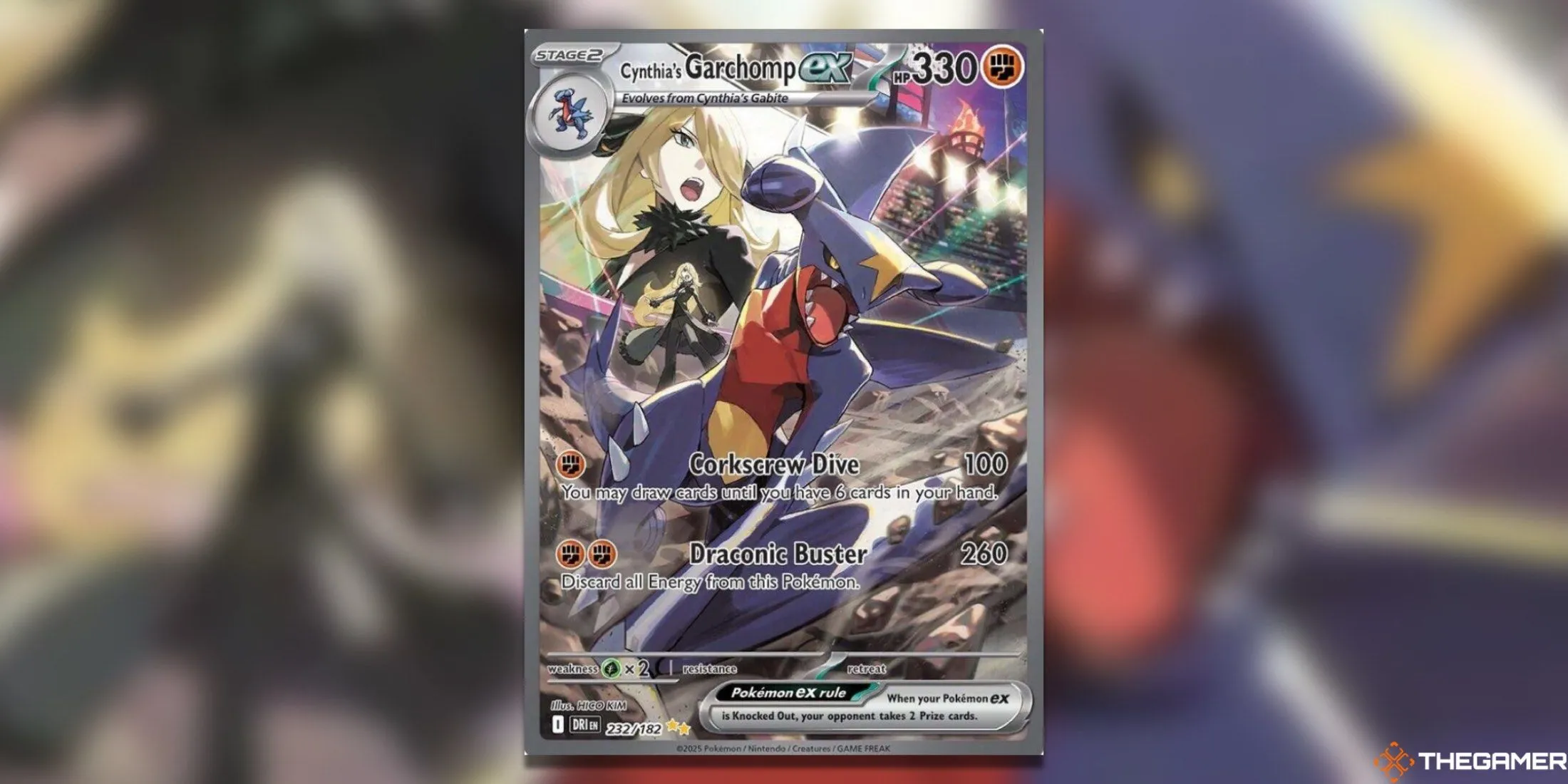 Thẻ bài Garchomp ex của Cynthia (Special Illustration Rare) trong Pokemon TCG Destined Rivals, thể hiện cảnh Garchomp tấn công đầy mạnh mẽ