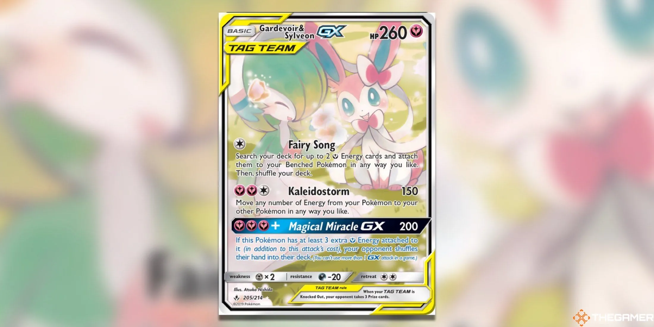 Thẻ bài Gardevoir &amp; Sylveon GX Alternate Full Art từ set Unbroken Bonds của Pokemon TCG, minh họa sự kết hợp ấn tượng giữa hai Pokemon.